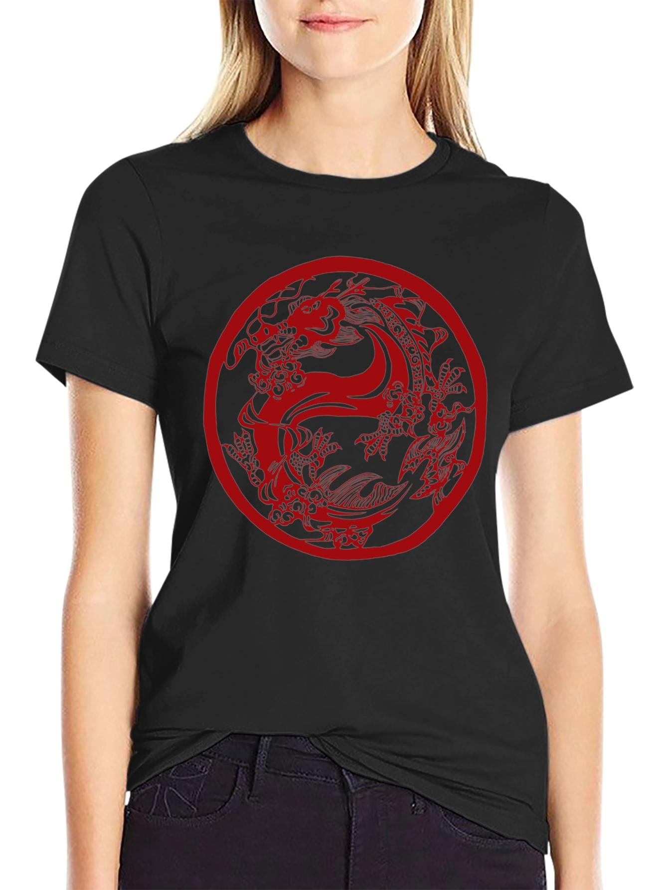 Black Dragon Circle Graphic Tee - Black Casual Top view 2