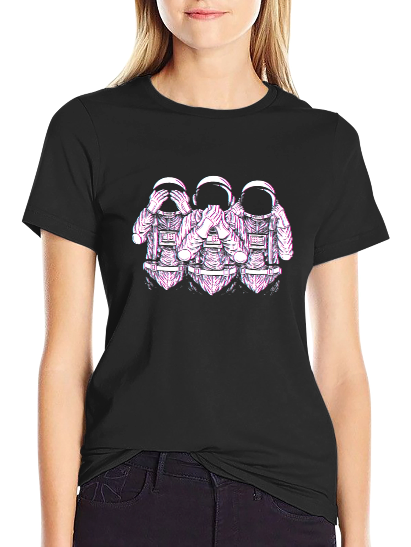 Black Astronauts See No Evil Graphic Tee - Unisex Black Cotton T-Shirt view 2