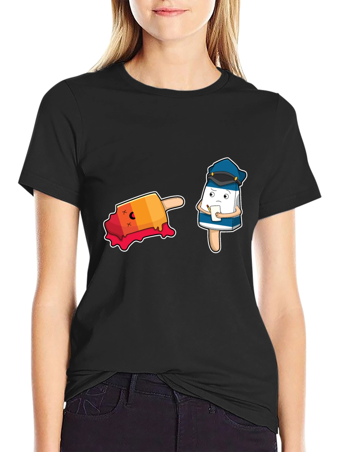 Black Funny Cartoon Ice Cream Police T-Shirt view 2