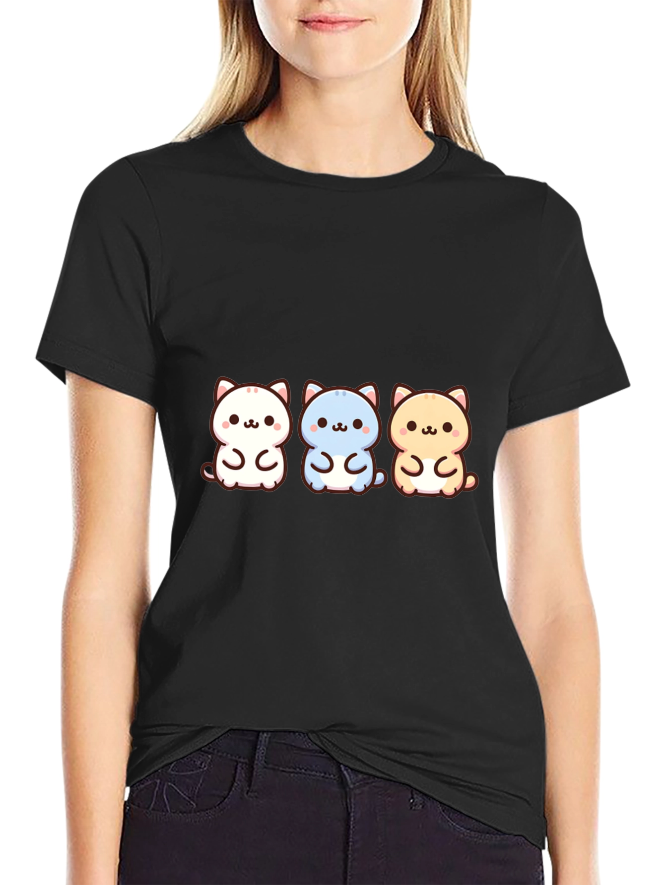 Black Cute Cartoon Cat Trio Black T-Shirt view 2