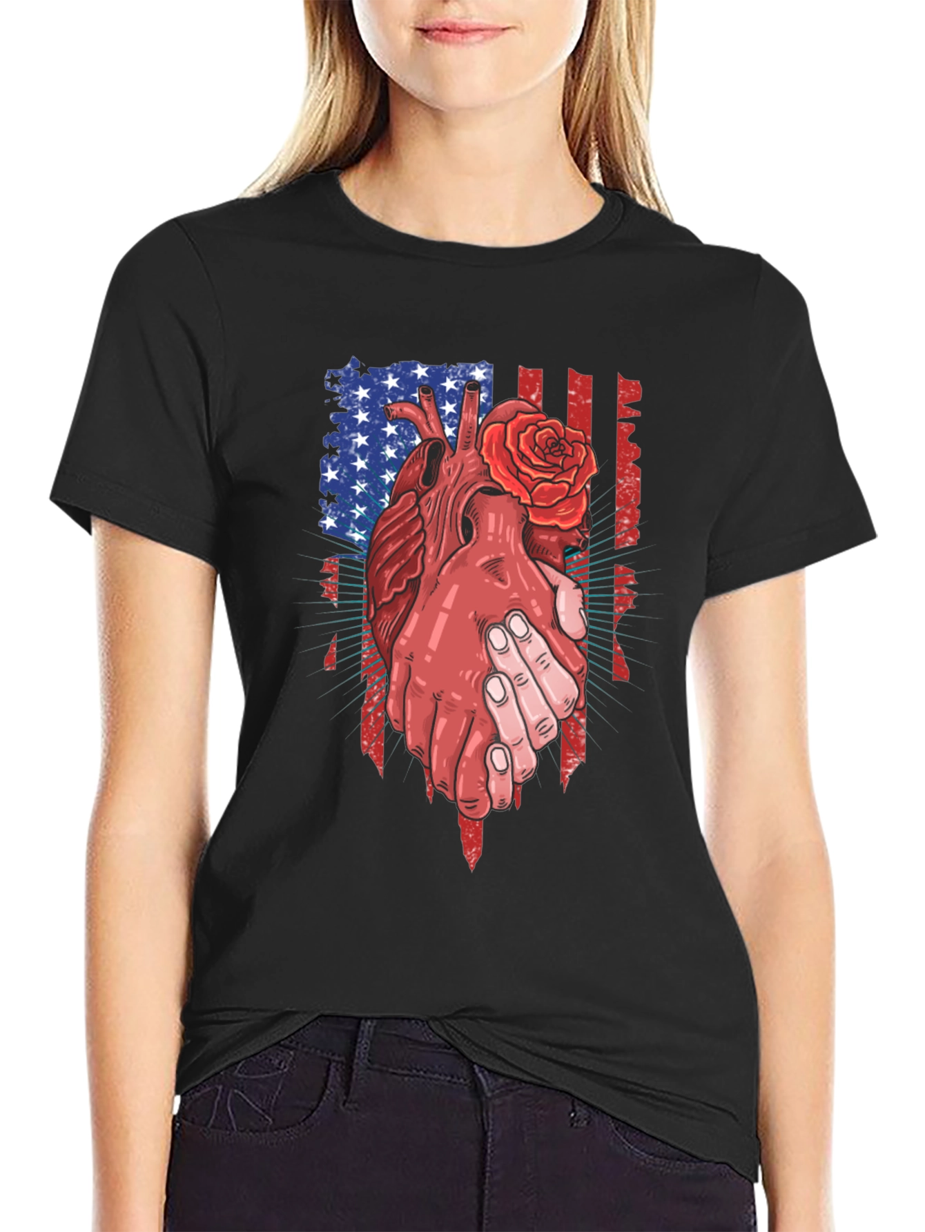 Black Patriotic Heart & Rose Graphic T-Shirt view 2