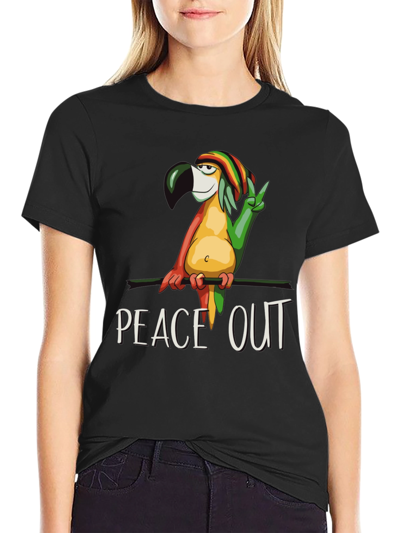 Black Peace Out Parrot Graphic T-Shirt view 2