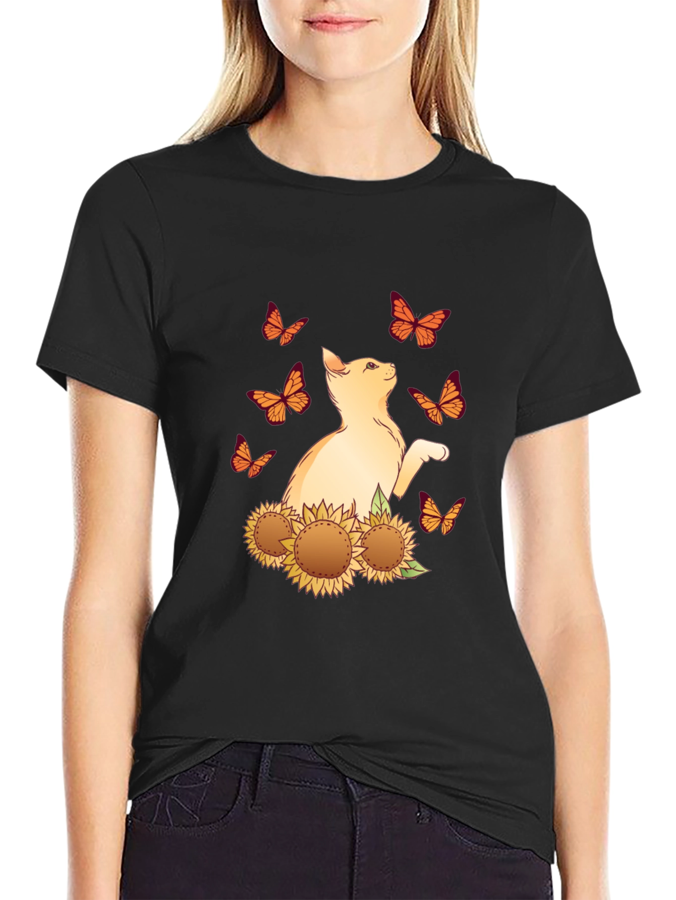 Black Cat Butterfly Sunflower Black Graphic Tee view 2
