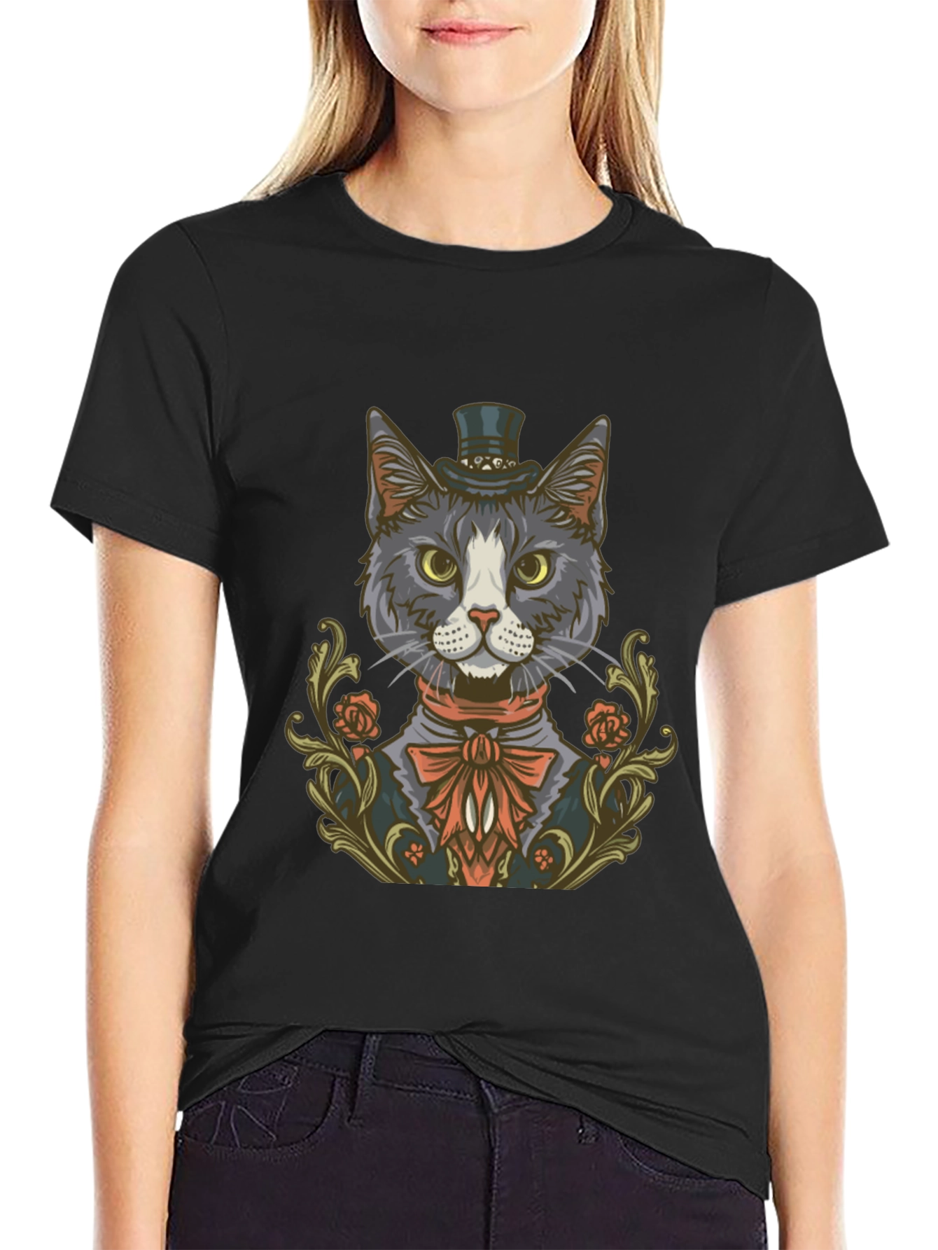 Black Dapper Cat Top Hat Graphic Tee view 2