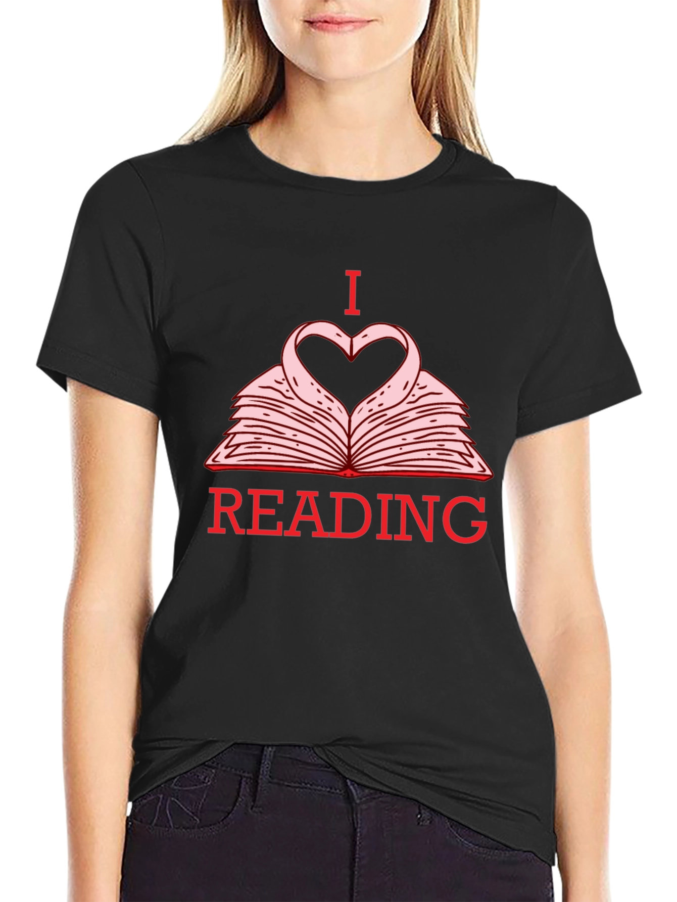Black I Love Reading T-Shirt - Heart Book Design view 2