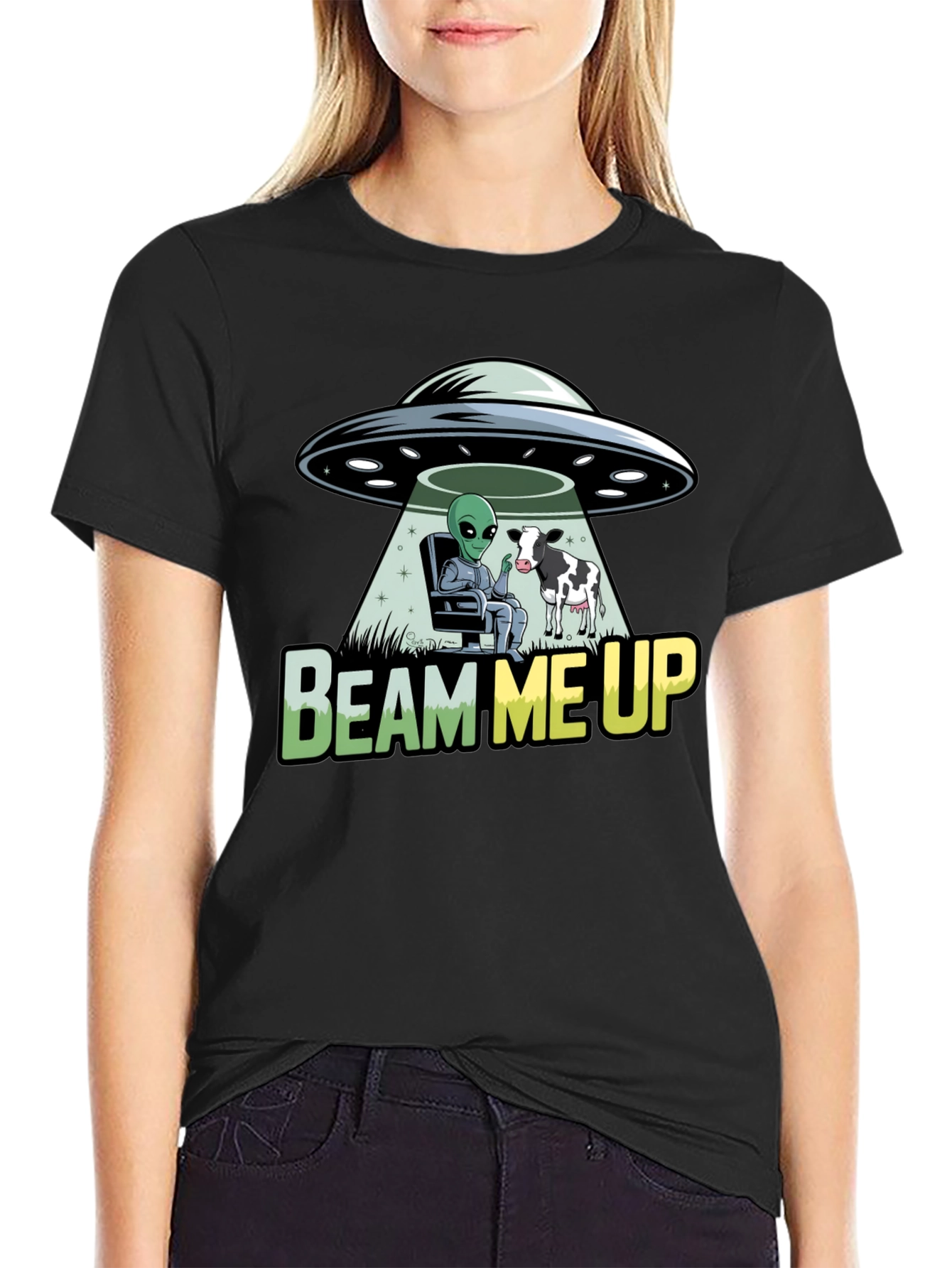 Black Beam Me Up Alien and Cow Graphic T-Shirt view 2