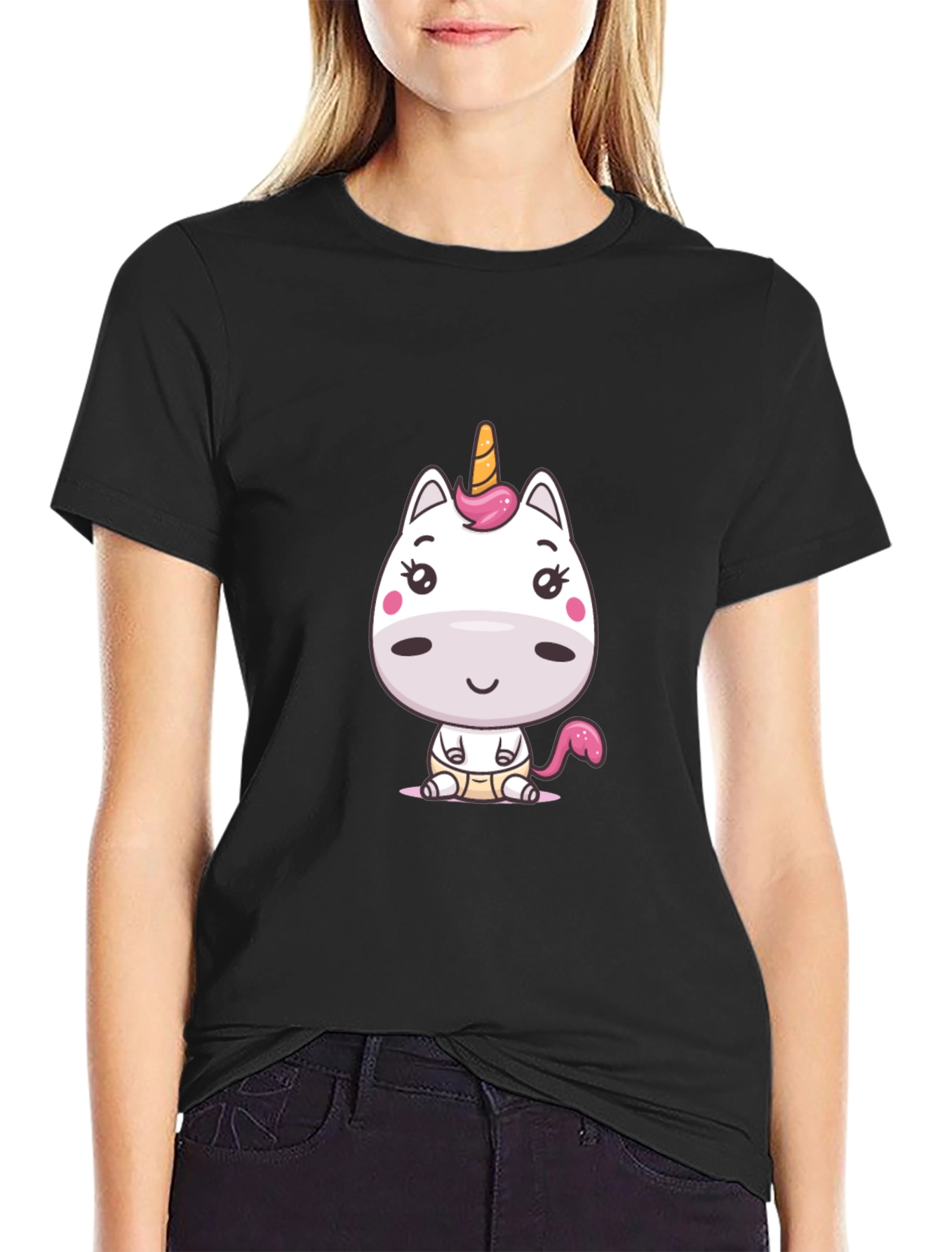 Black Cute Cartoon Unicorn Graphic Tee - Black Cotton Blend view 2