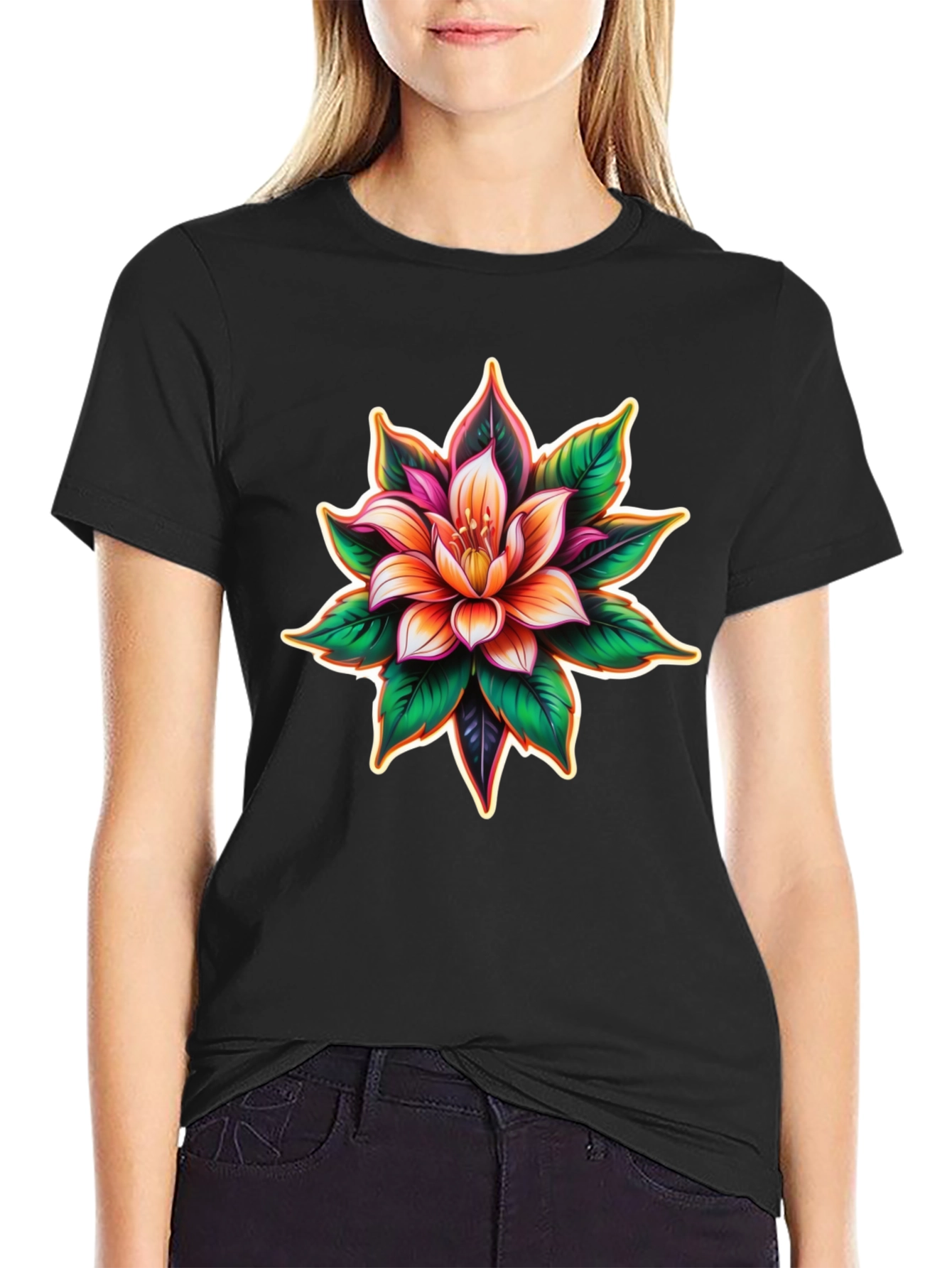 Black Floral Graphic Print Black T-Shirt view 2