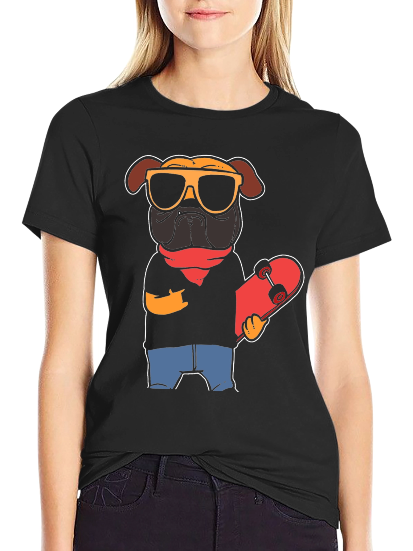 Black Cool Pug Skateboarder Graphic Tee view 2
