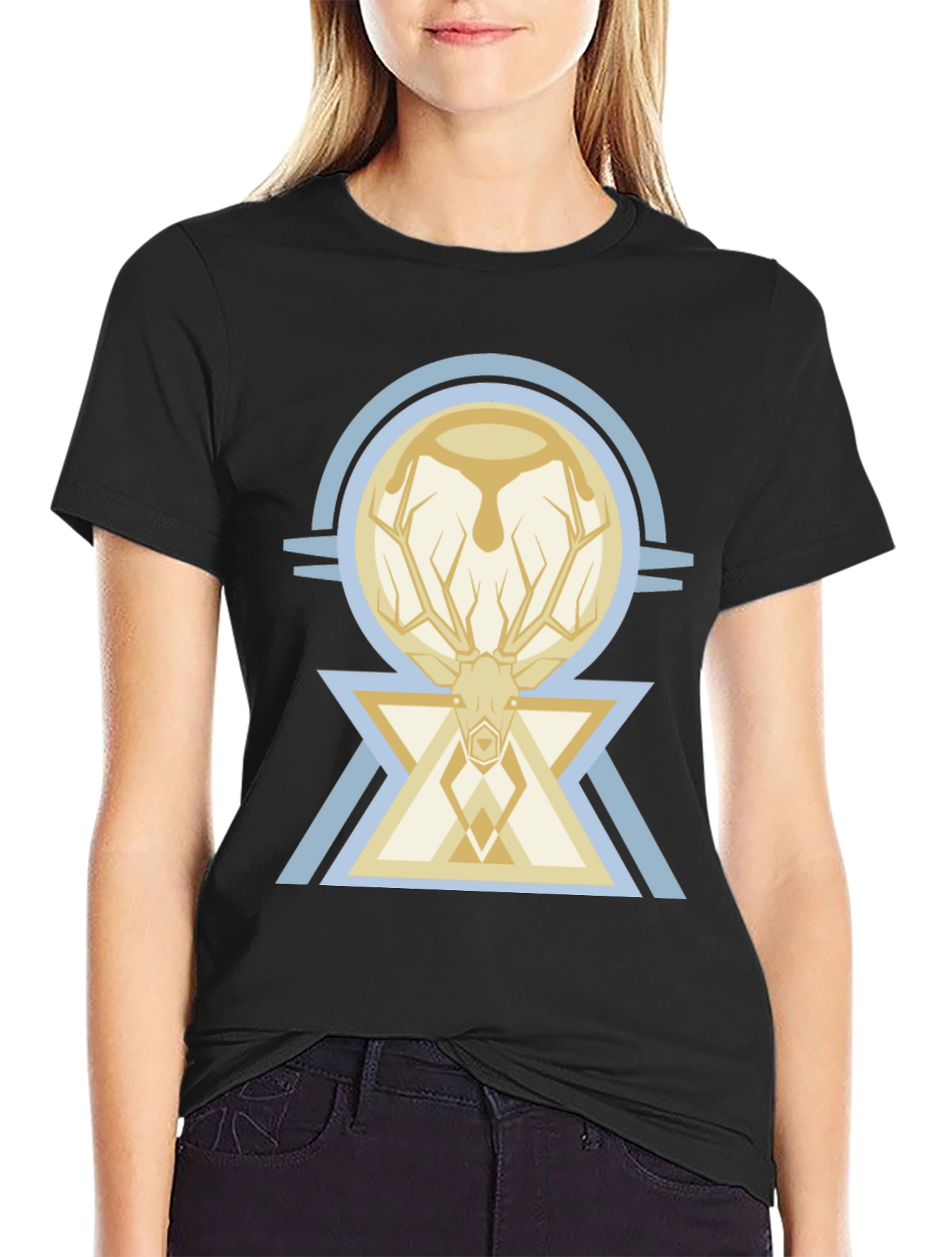 Black Geometric Deer Graphic Tee - Modern Style view 2