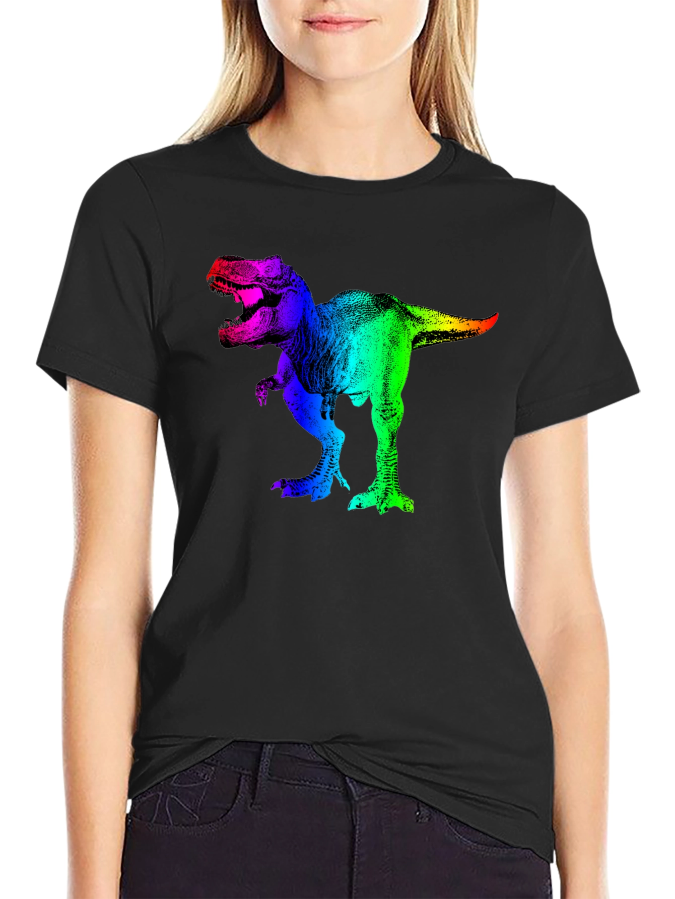 Black Rainbow Dinosaur Graphic T-Shirt view 2
