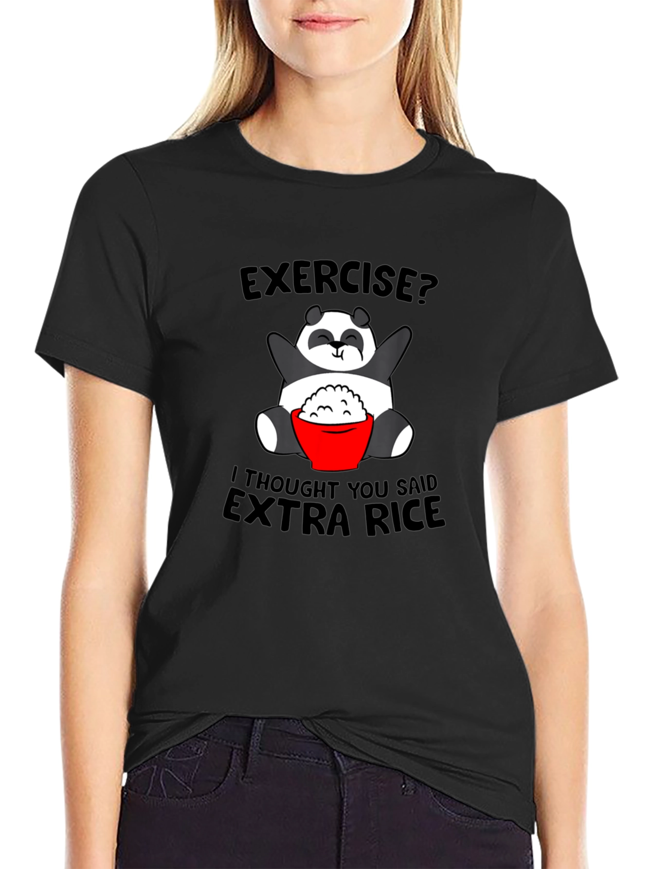 Black Funny Panda Extra Rice Graphic Tee Shirt view 2