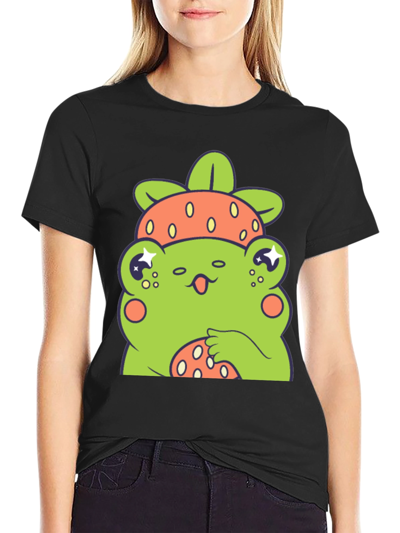 Black Frog Strawberry T-Shirt - Cute Cartoon Graphic Tee view 2