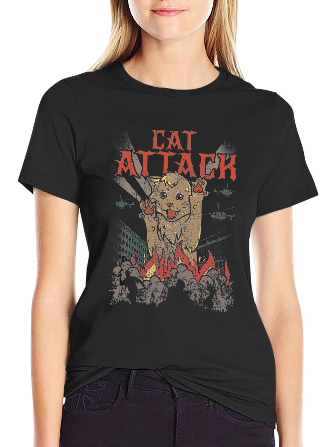 Black Cat Attack Graphic T-Shirt - Black Cotton Tee view 2