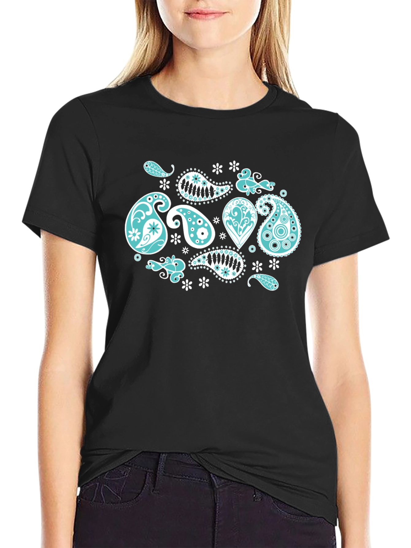 Black Black Tee with Turquoise Paisley Design view 2