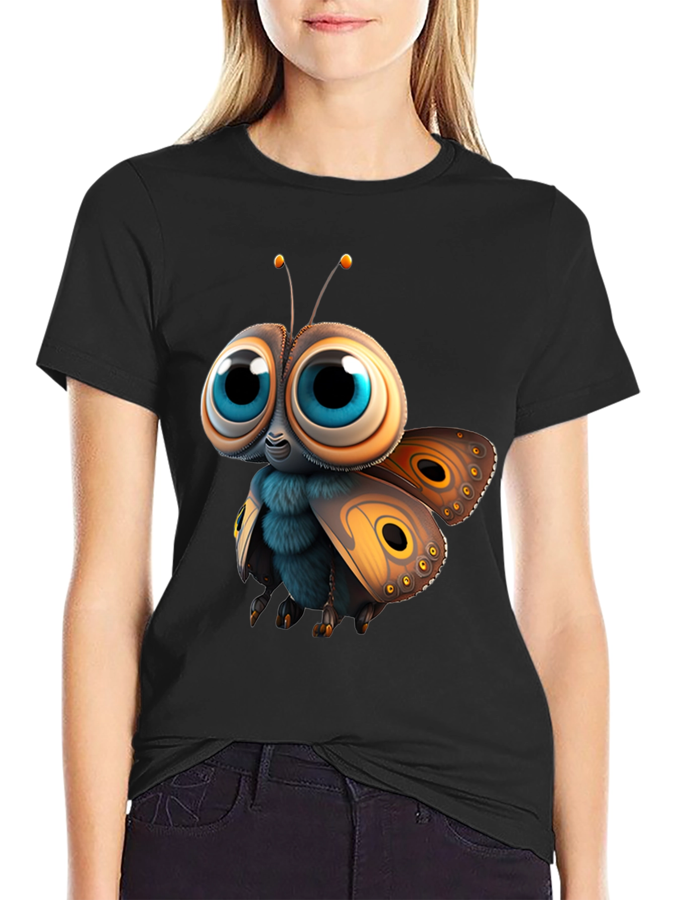 Black Cute Cartoon Moth Graphic Tee - Soft Cotton view 2