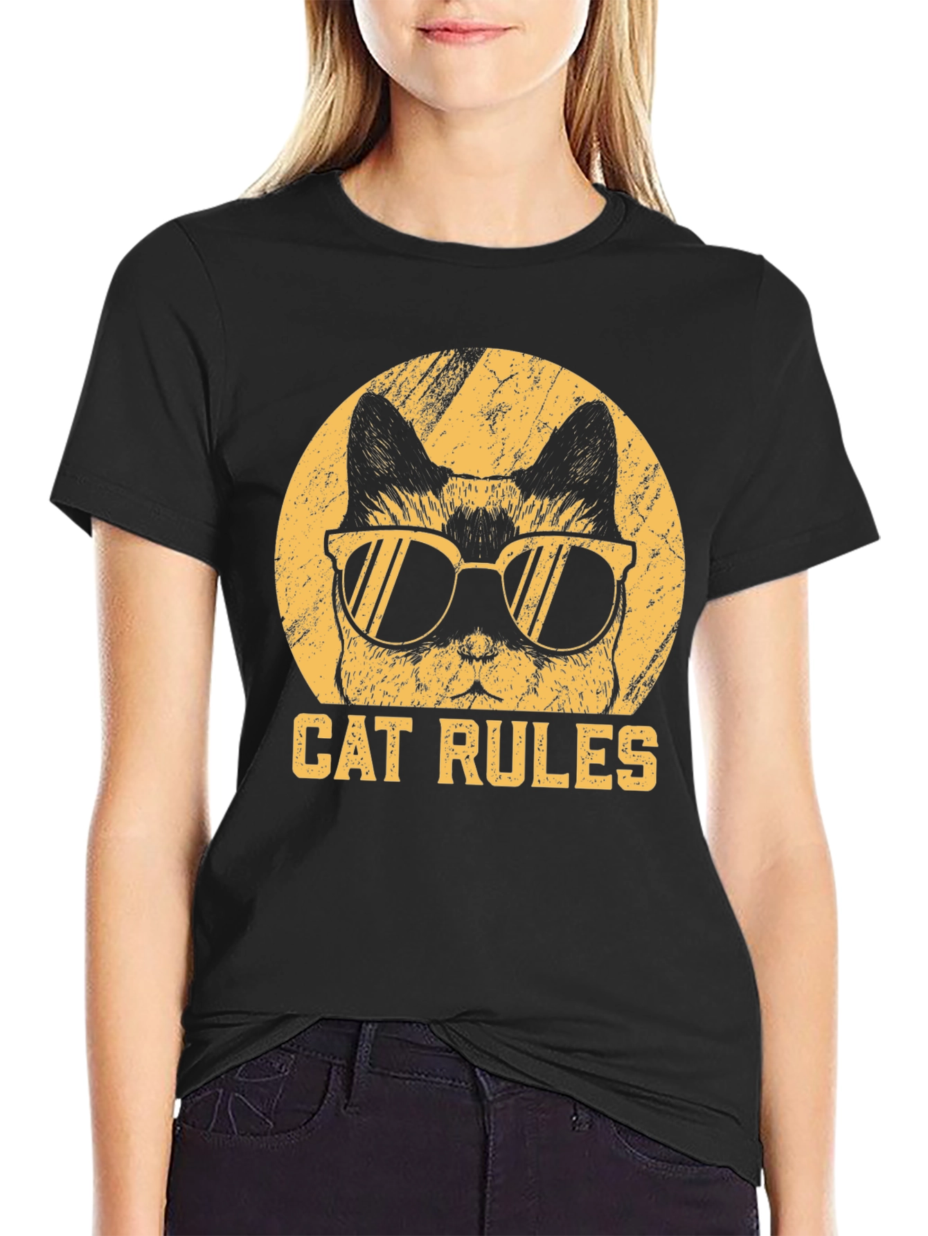 Black Cool Cat Rules Graphic T-Shirt view 2