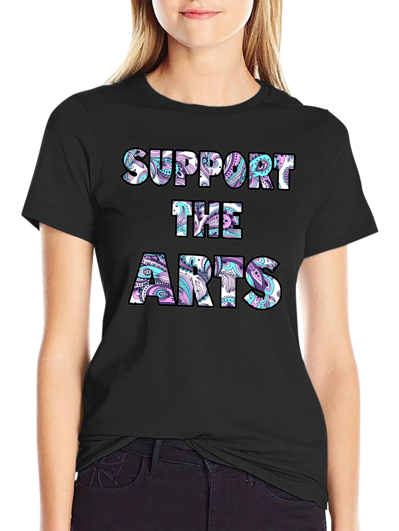 Black Support the Arts Graphic Tee - Black Crew Neck T-Shirt view 2