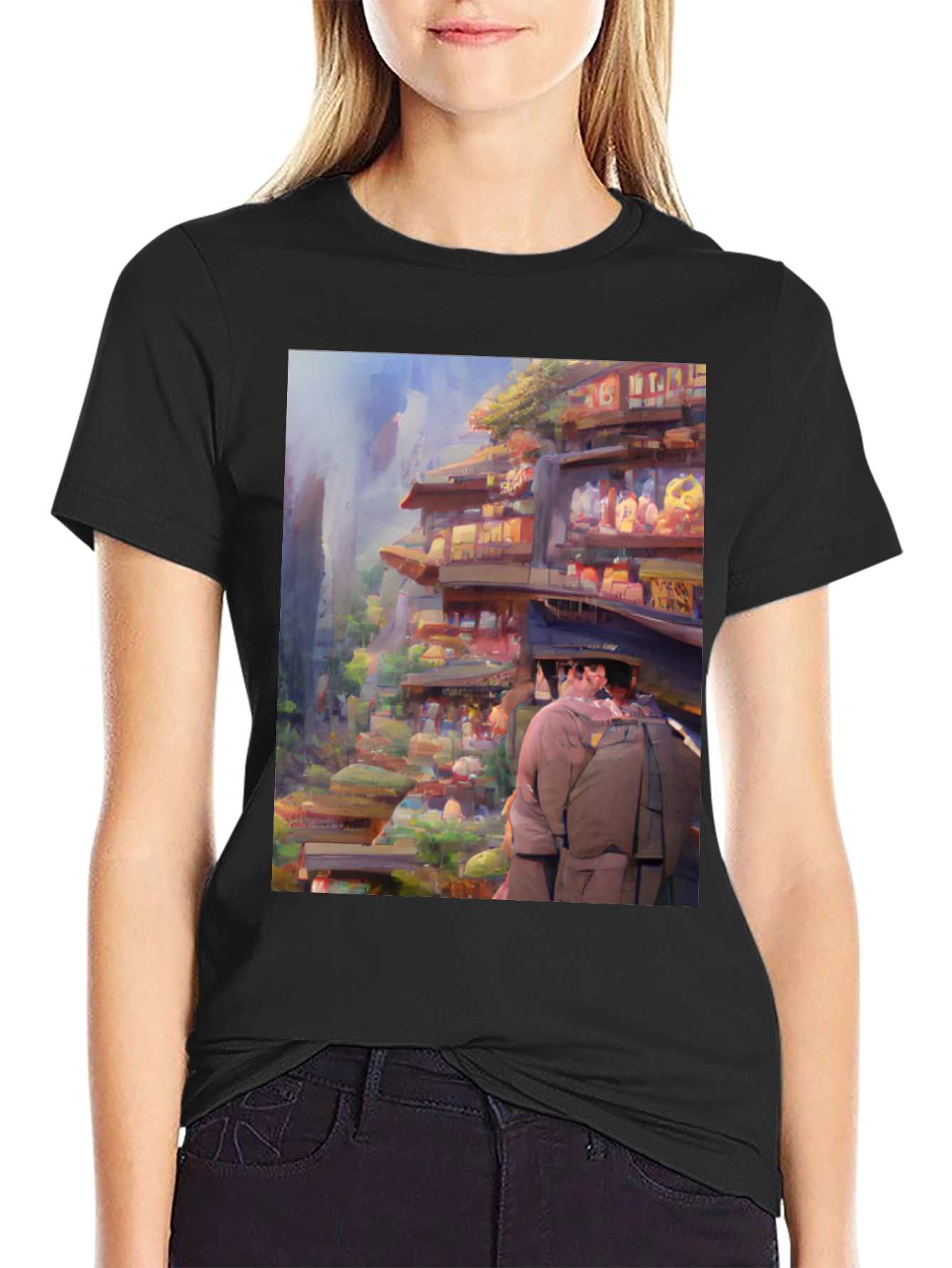 Artistic Landscape Print Black Tee - 2