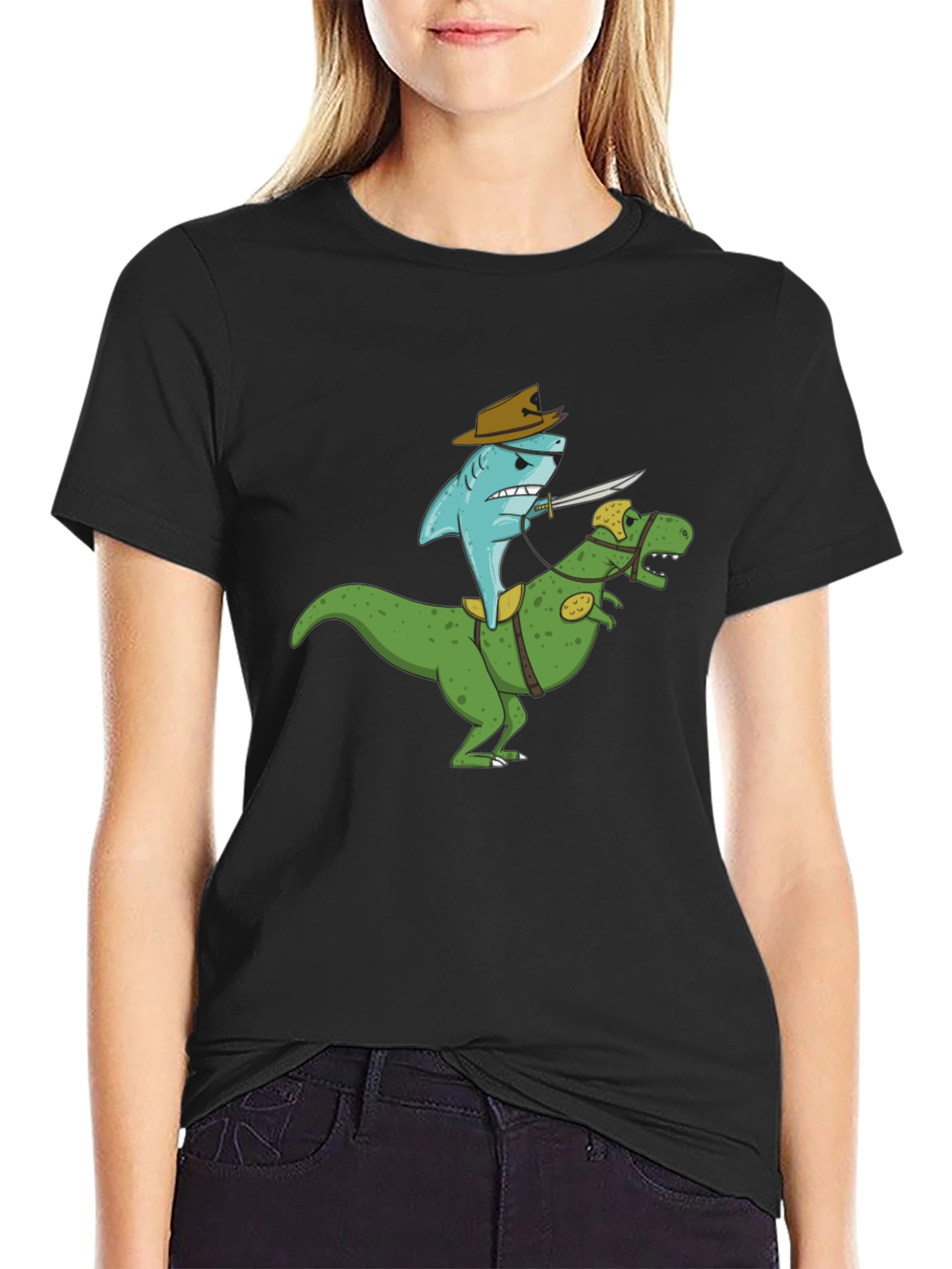 Black Shark Riding Dinosaur T-Shirt - Funny Graphic Tee view 2