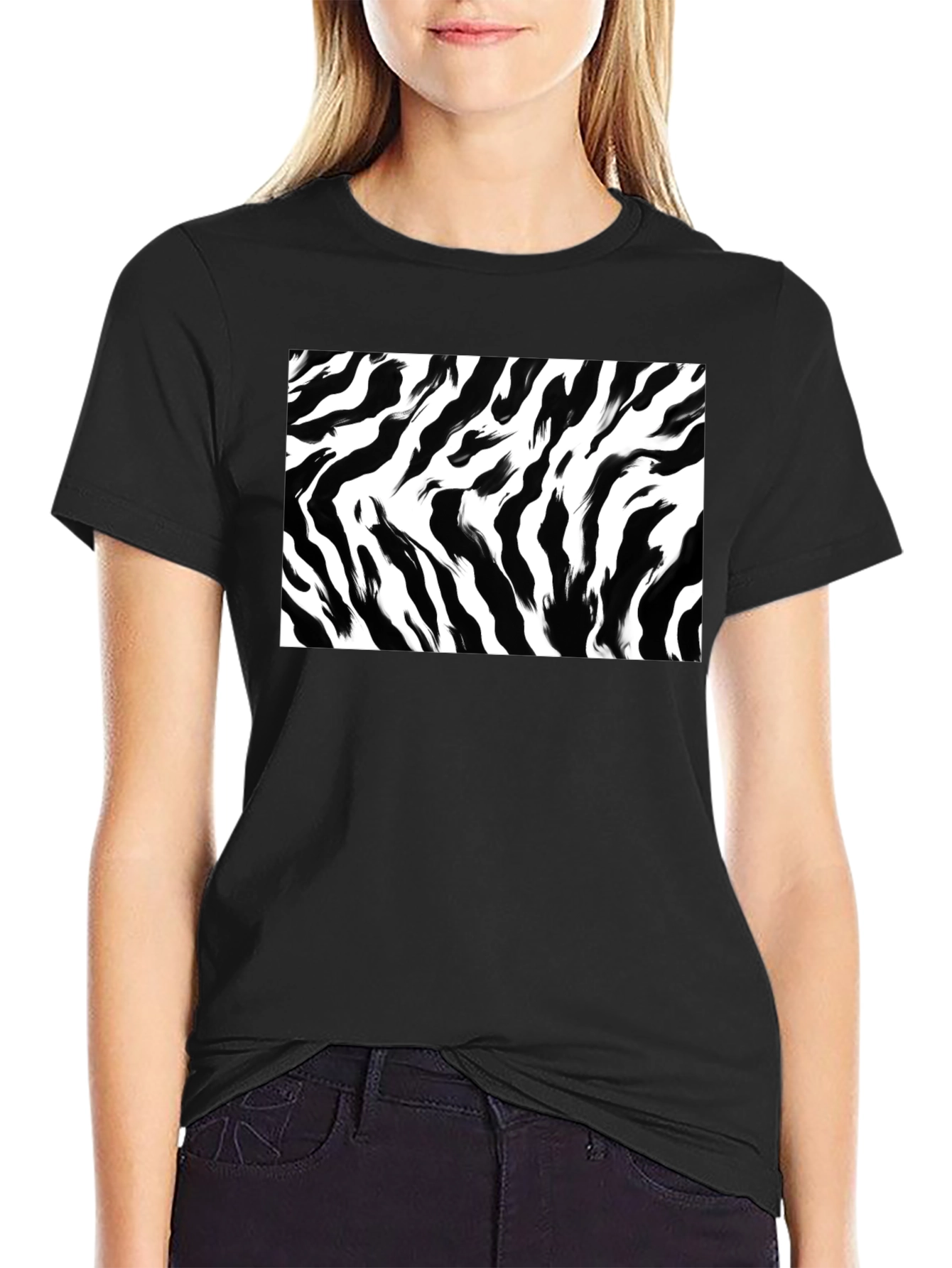 Black Zebra Stripe Graphic Print Black T-Shirt view 2