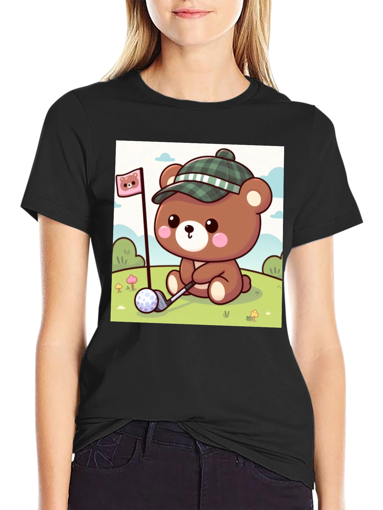 Black Cute Golf Bear Tee - Fun Cartoon Graphic T-Shirt view 2