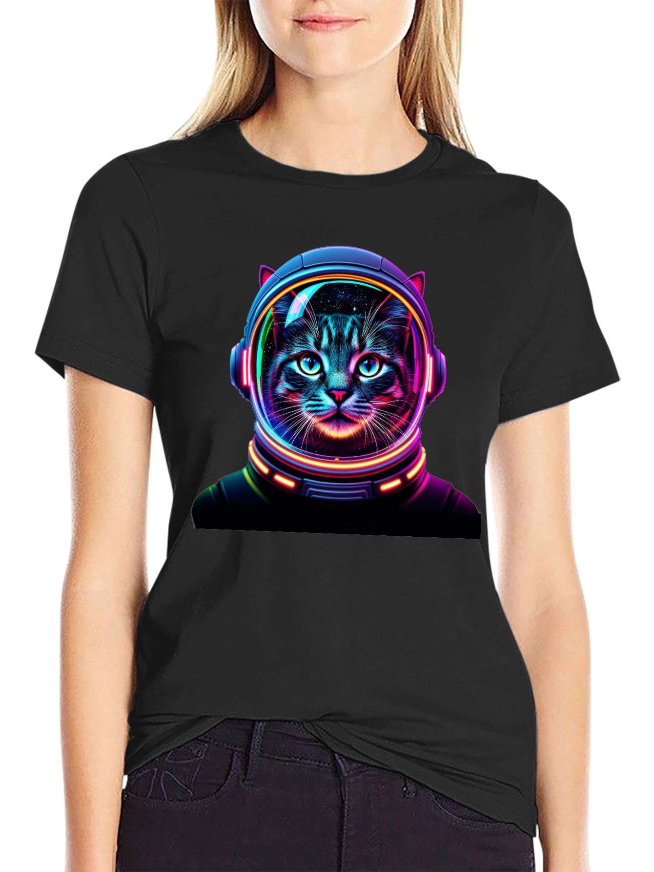 Black Cosmic Cat T-Shirt - Astronaut Feline Design view 2