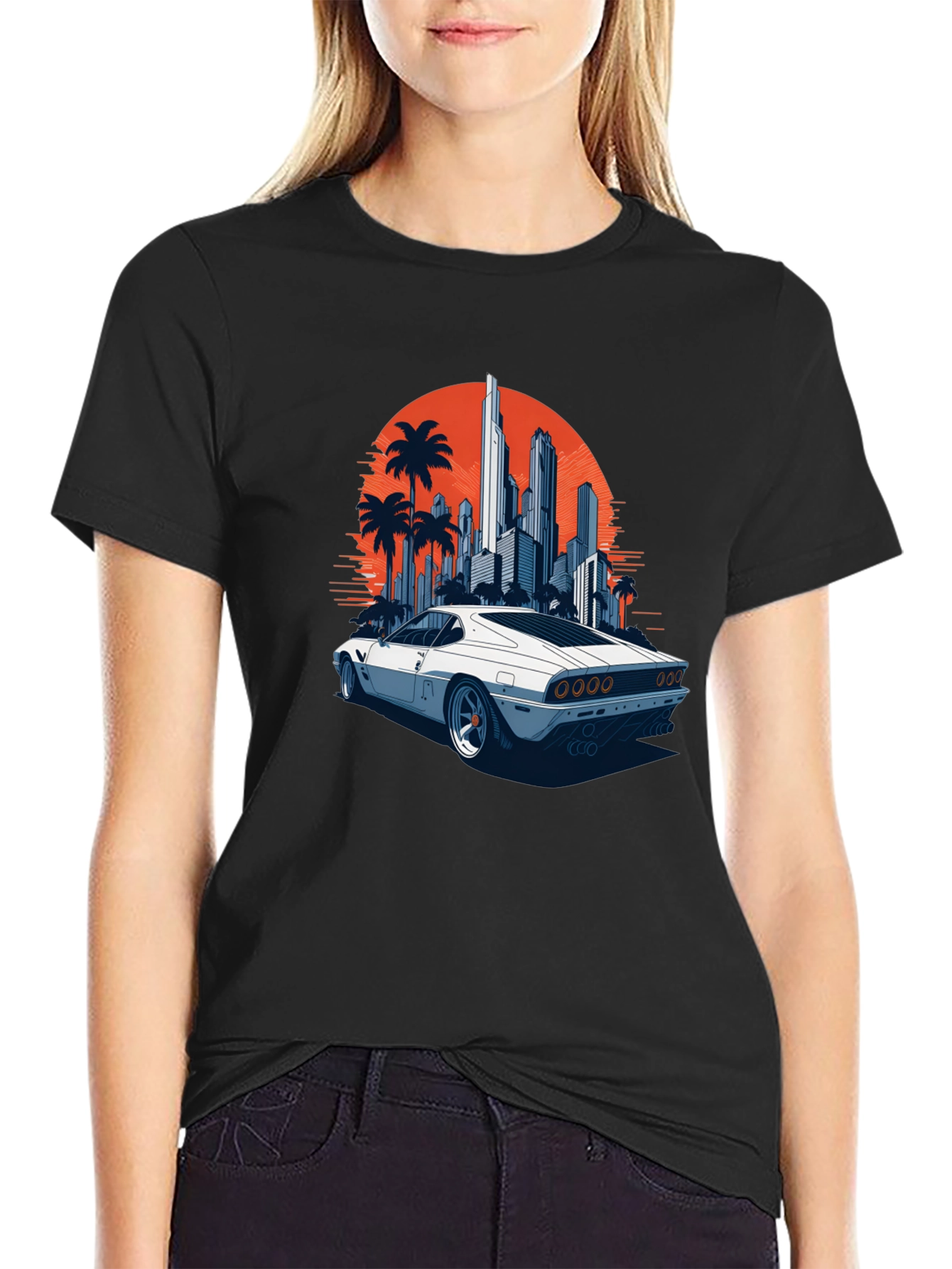 Black Retro Car & Cityscape Graphic Tee view 2