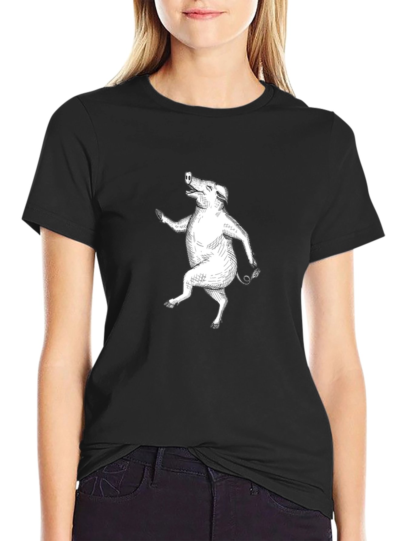 Black Funny Dancing Pig T-Shirt - Unique Animal Graphic Tee view 2