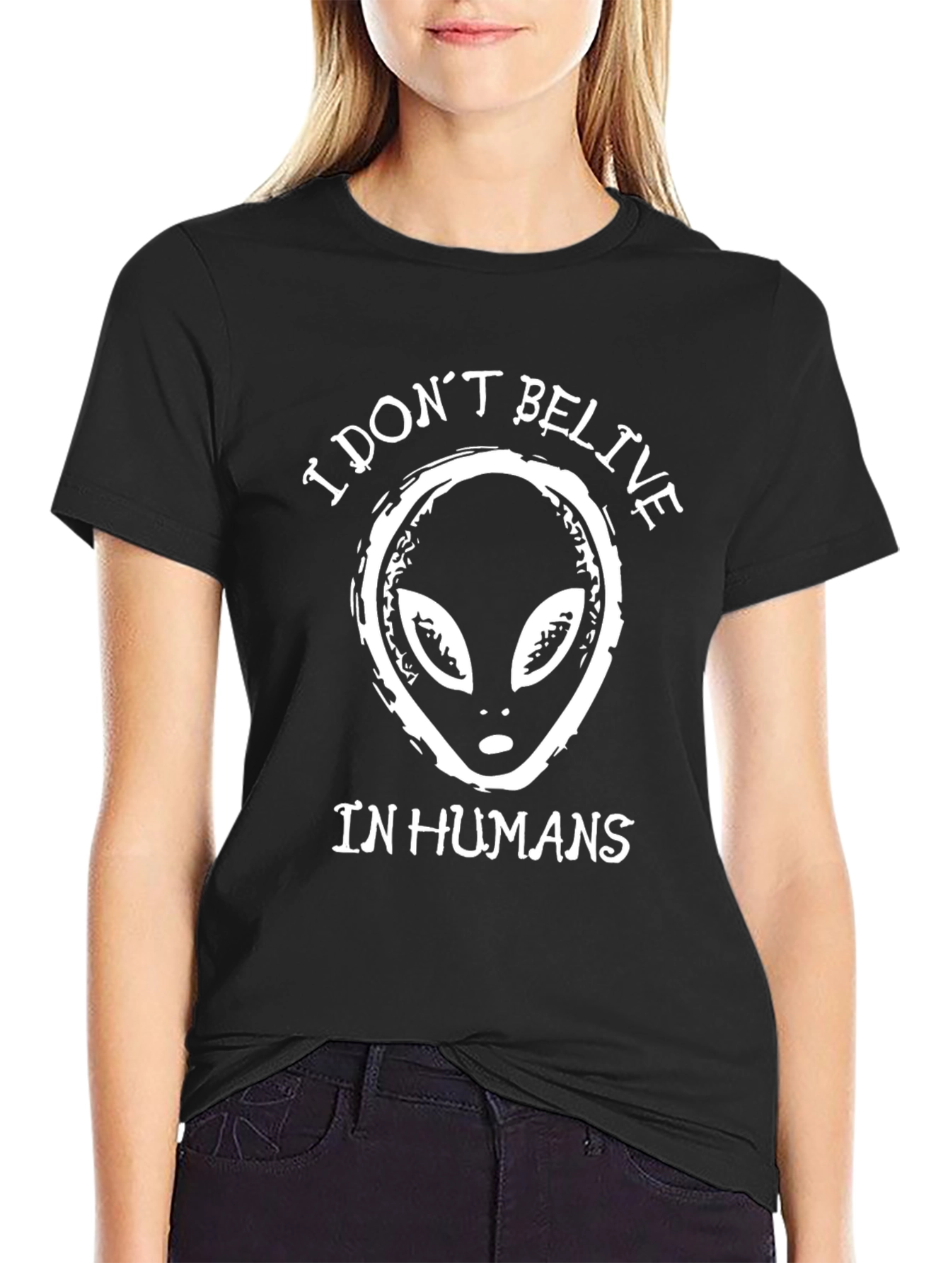 Black I Don't Believe In Humans Alien Graphic Tee view 2
