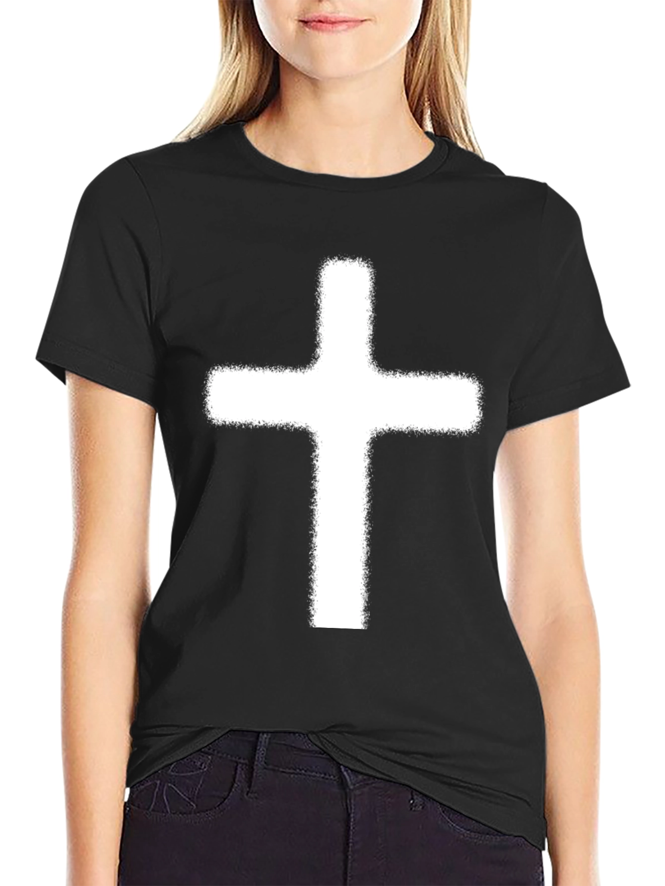 Black White Cross Graphic Print Black T-Shirt view 2