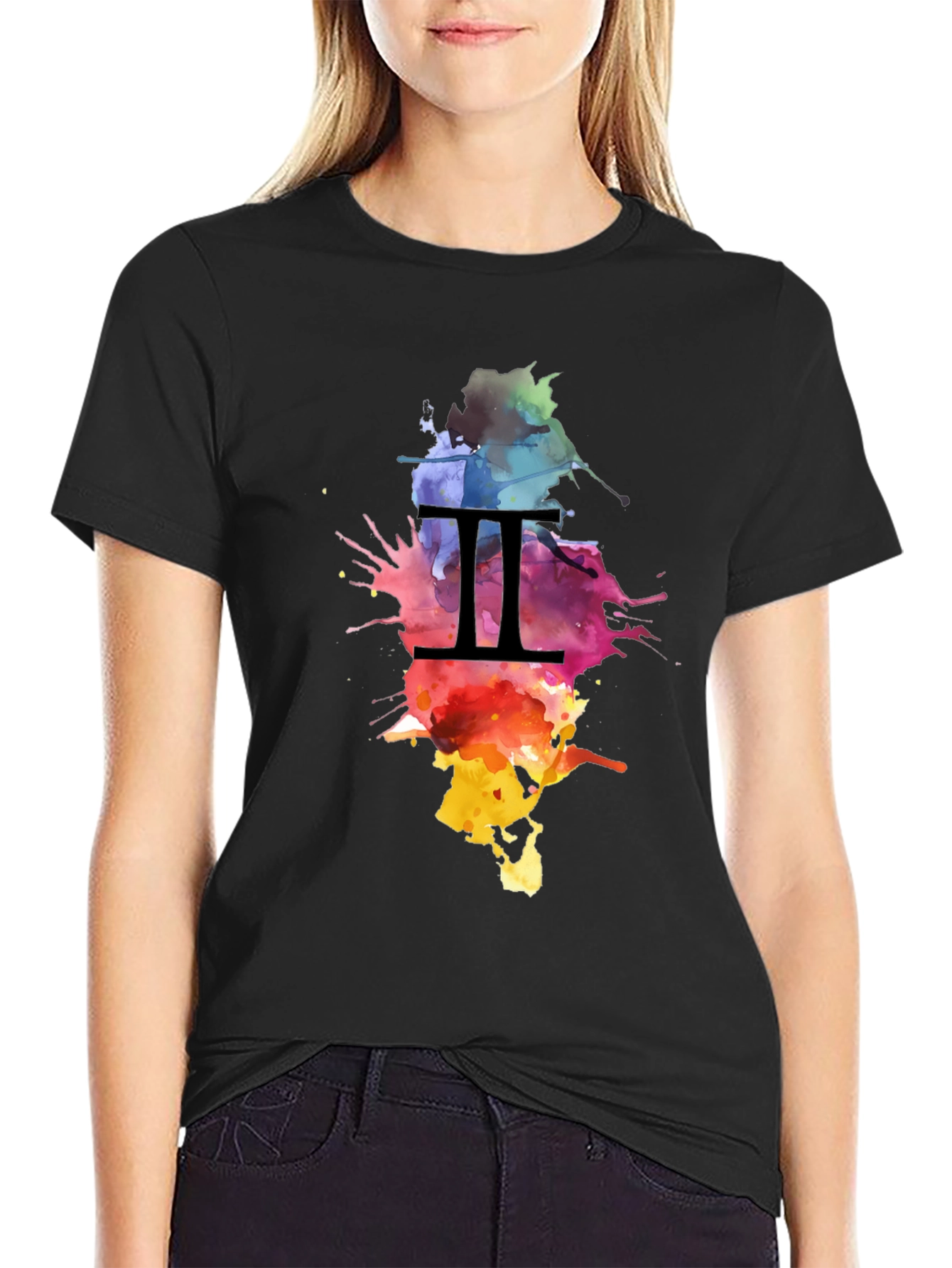 Black Gemini Zodiac Watercolor Splatter Black T-Shirt view 2