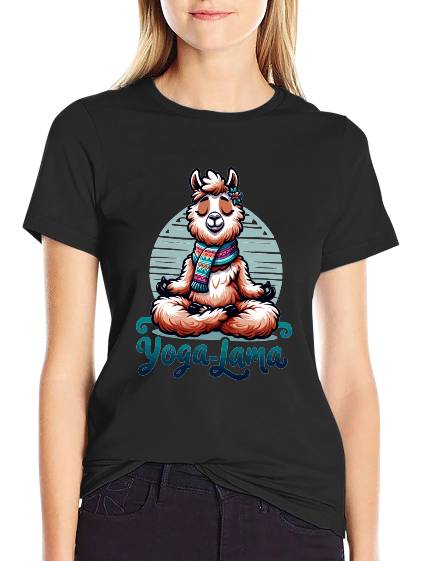 Black Yoga Lama Graphic Tee - Meditating Alpaca T-Shirt view 2