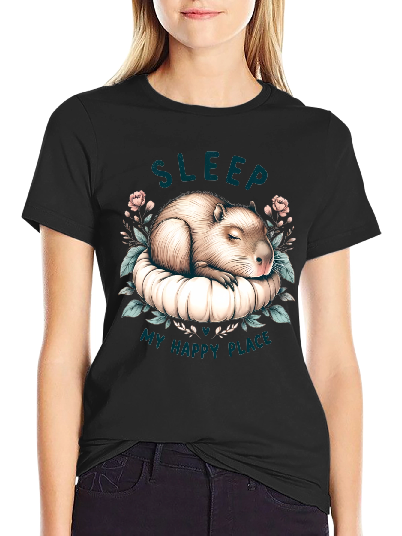 Black Capybara Sleep T-Shirt - My Happy Place view 2