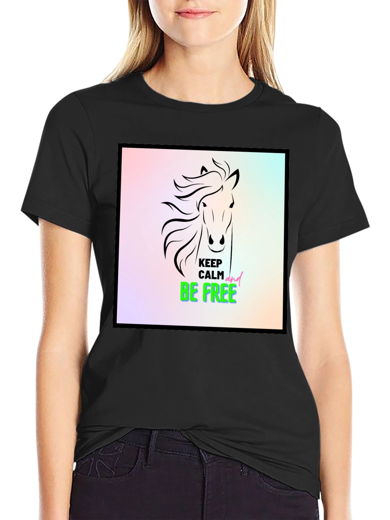Black Keep Calm & Be Free Horse Graphic Tee view 2