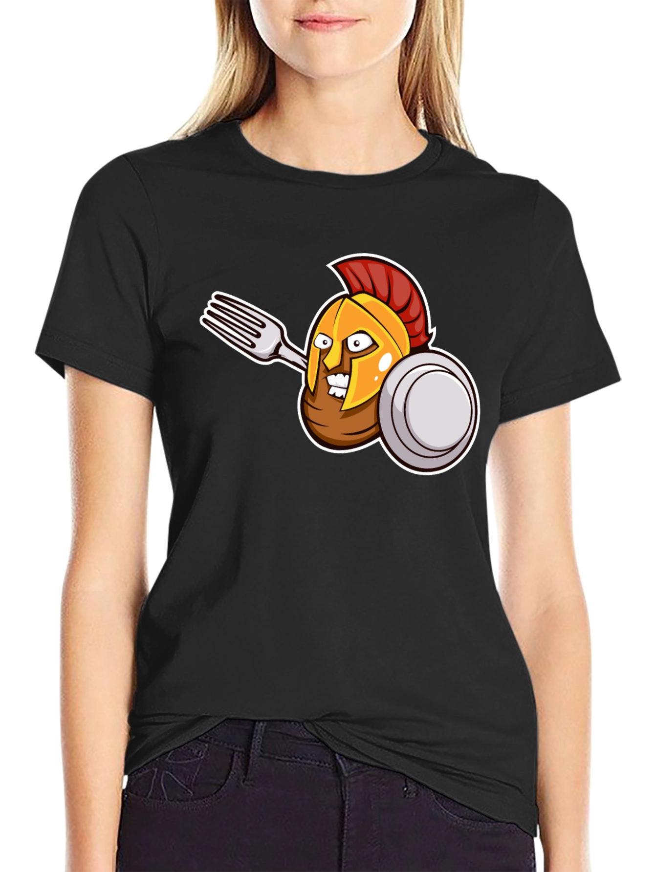 Black Spartan Fork Warrior Graphic T-Shirt view 2