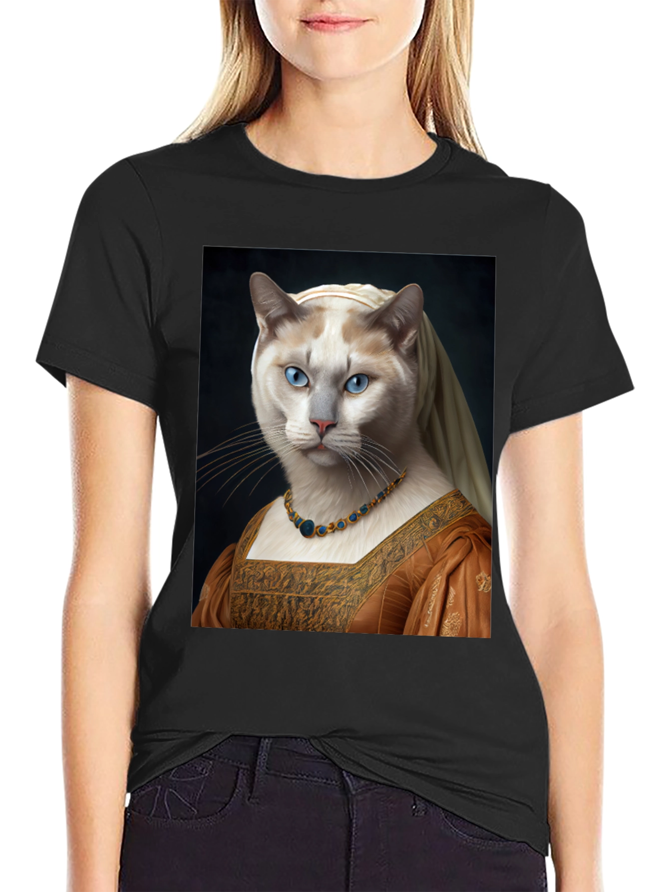 Black Cat Renaissance Portrait T-Shirt - Unique Art Tee view 2