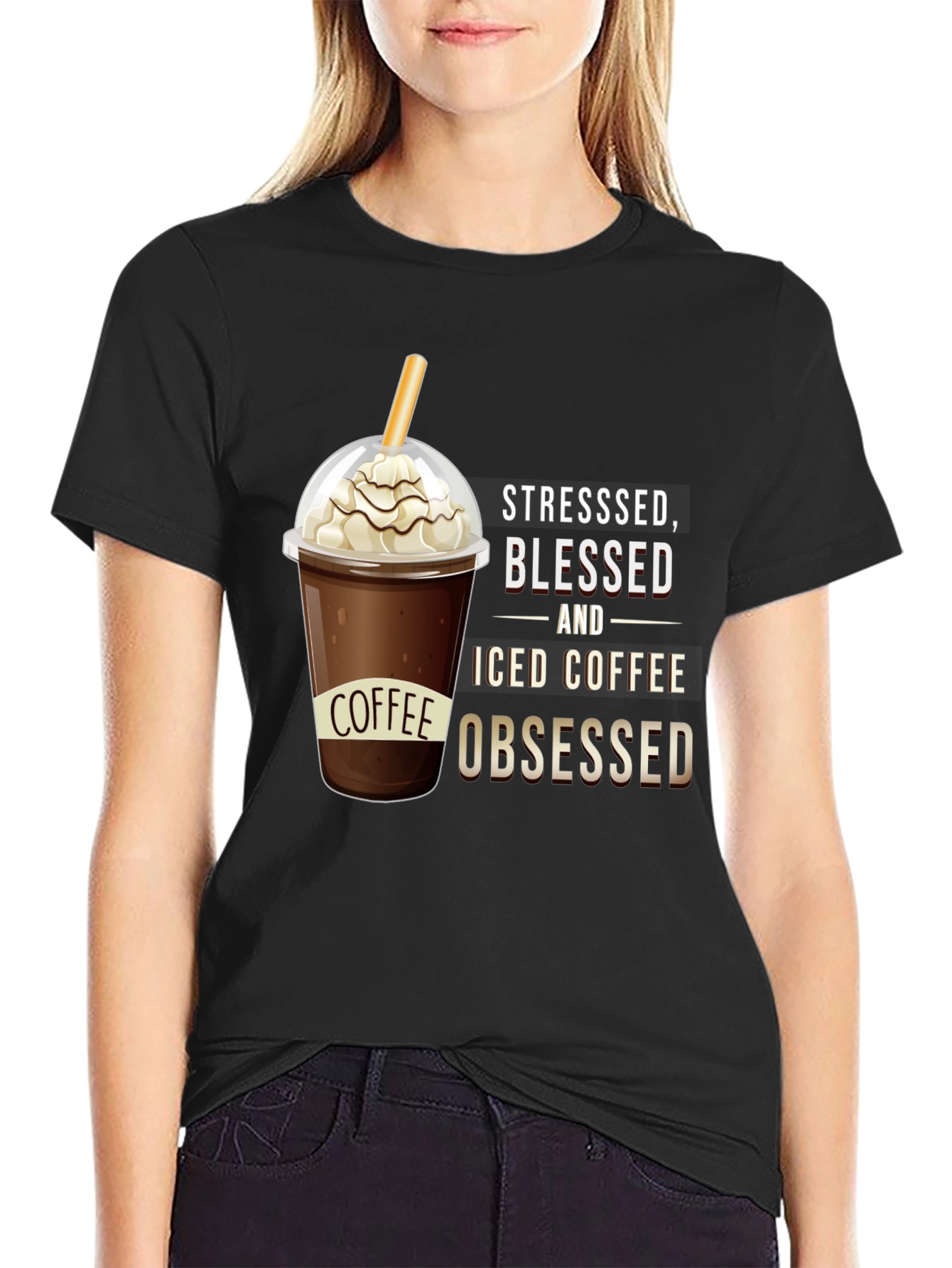 Black Stressed, Blessed, and Iced Coffee Obsessed T-Shirt view 2