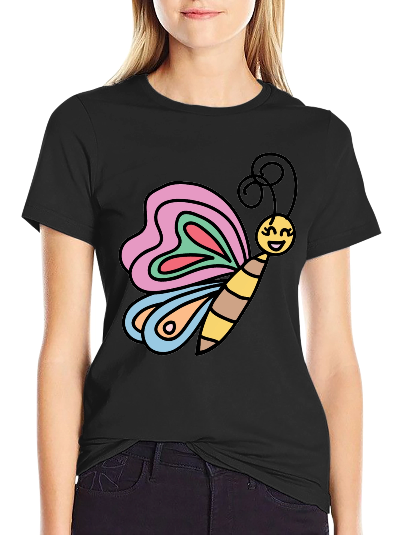 Black Butterfly Graphic Tee - Cheerful Cartoon Design view 2