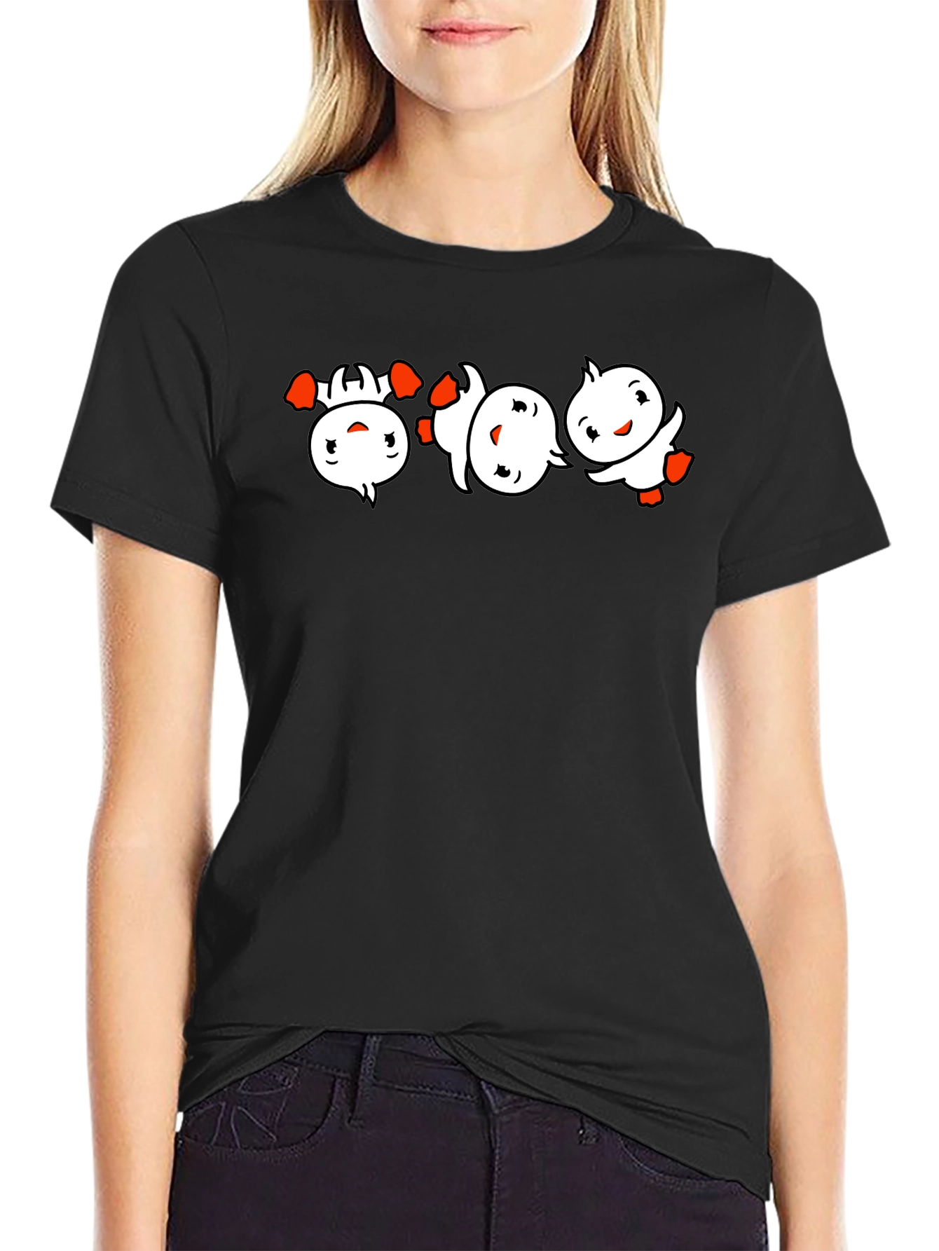 Black Black T-Shirt with Cartoon Duckling Design view 2