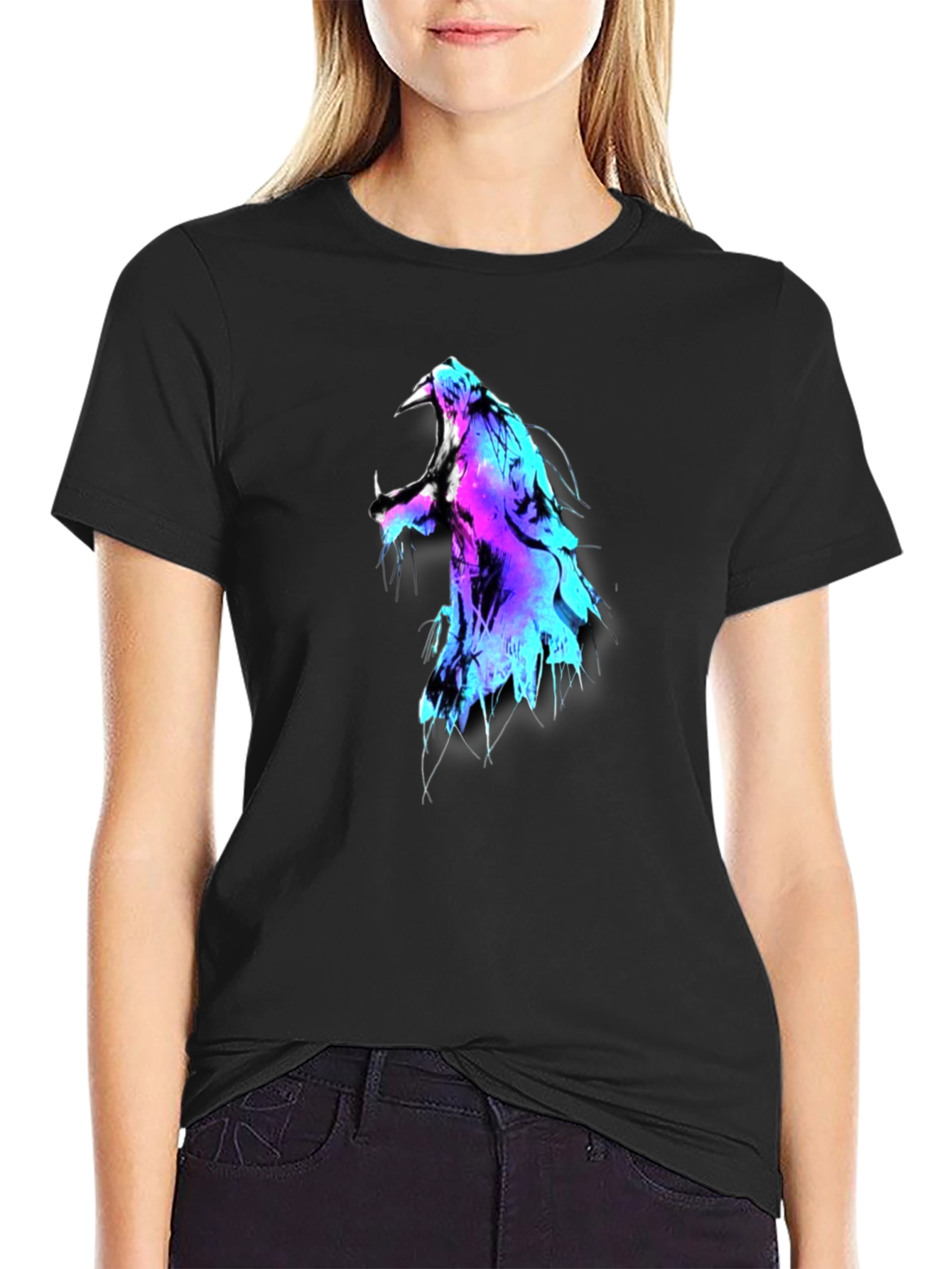Black Neon Lion Graphic Black T-Shirt view 2