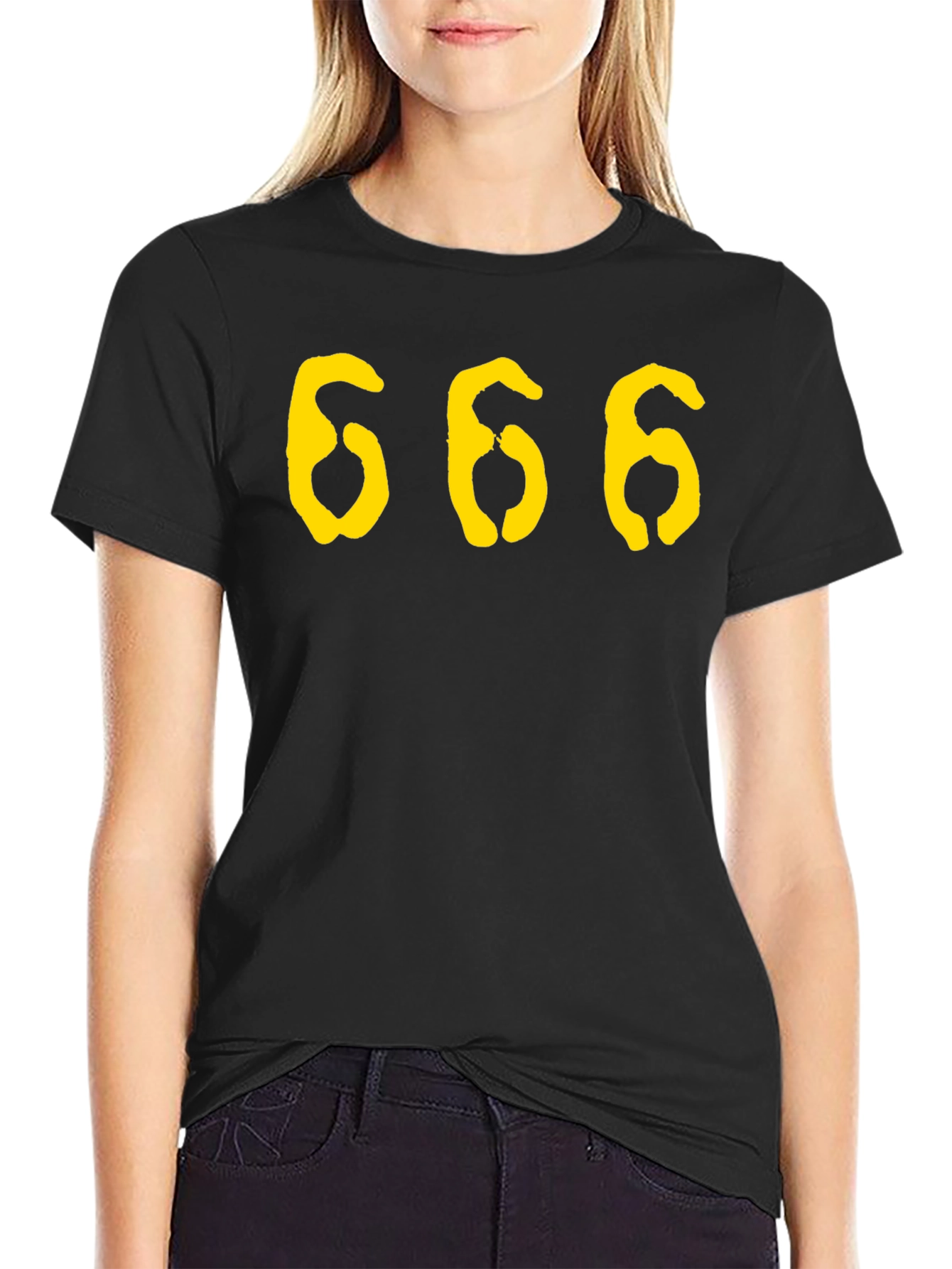 Black Men's Black T-Shirt with Yellow '666' Graphic Print view 2