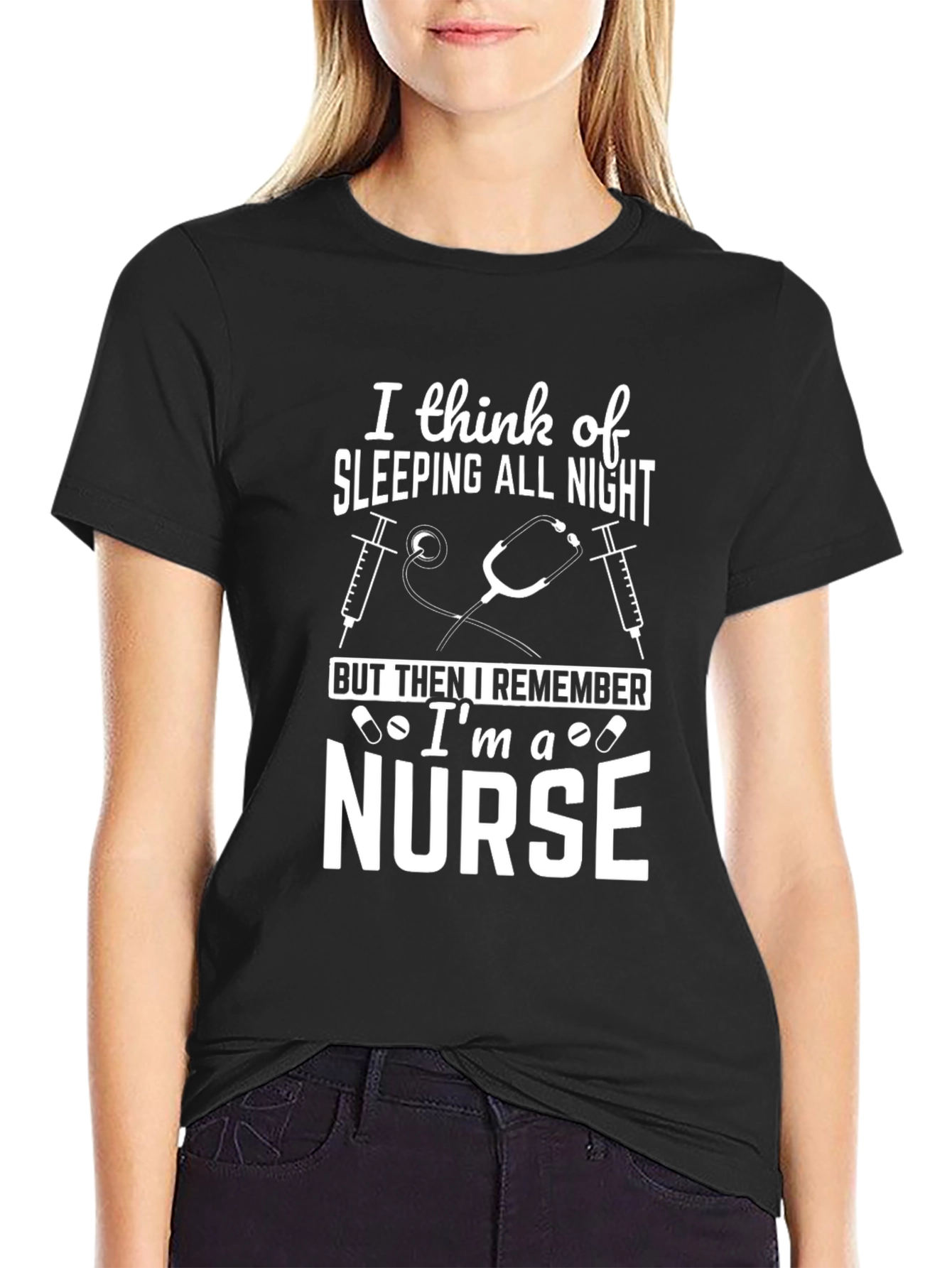 Black Nurse T-Shirt - Sleeping All Night Design view 2
