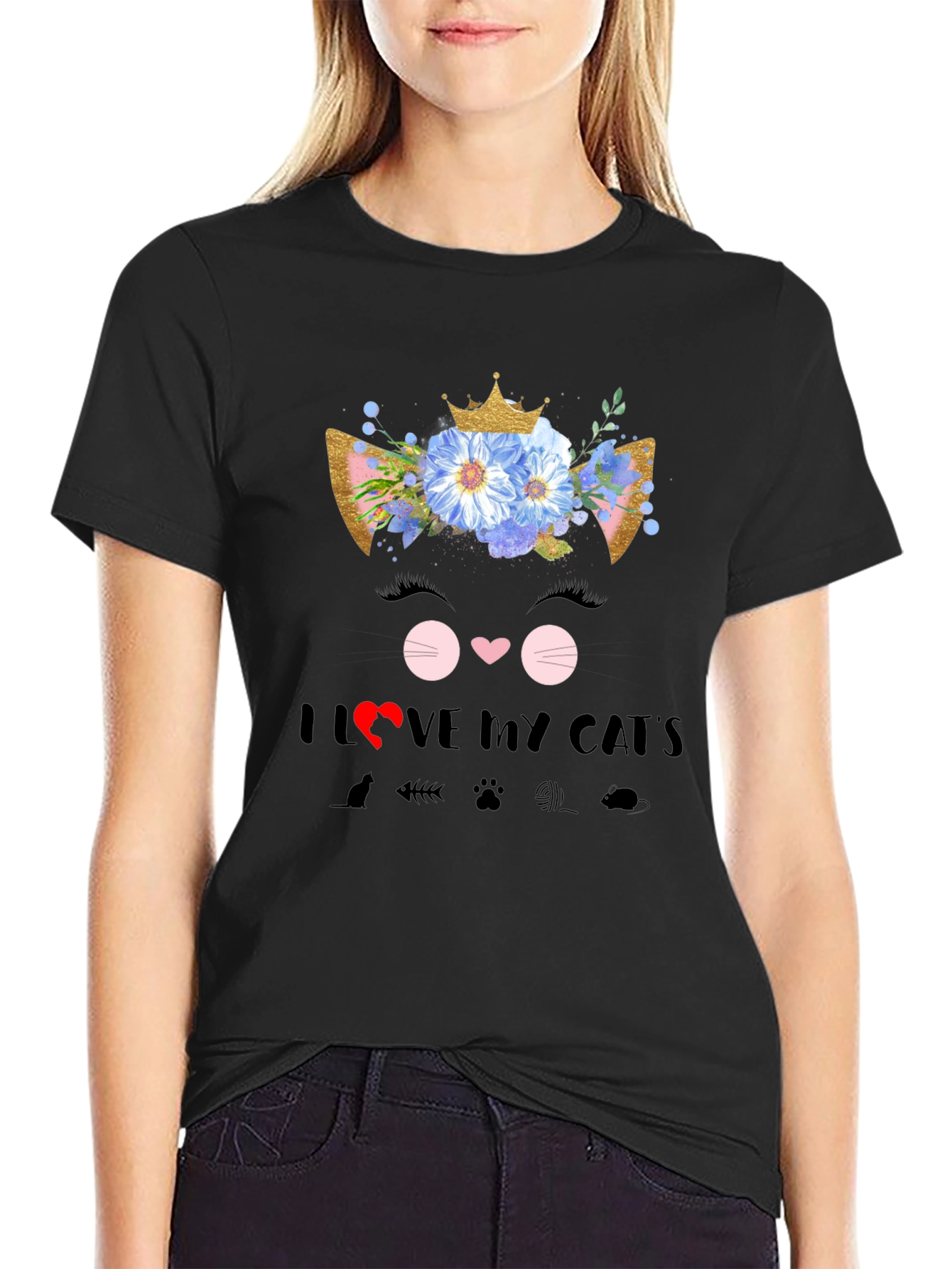 Black I Love My Cat T-Shirt - Floral Cat Design view 2