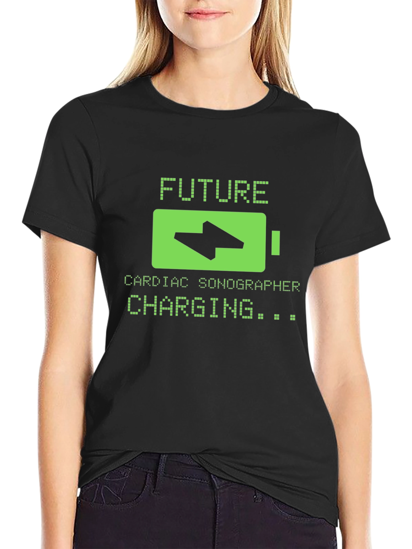 Black Future Cardiac Sonographer Charging T-Shirt view 2