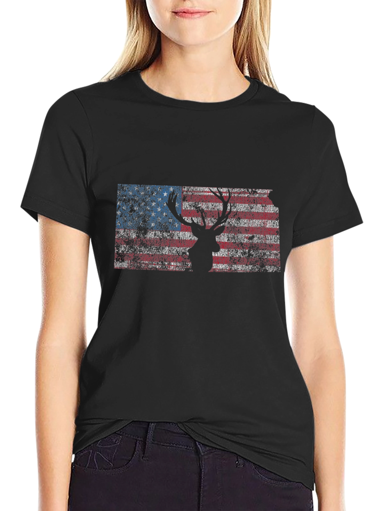 Black American Flag Deer Silhouette Graphic Tee - Patriotic Style view 2