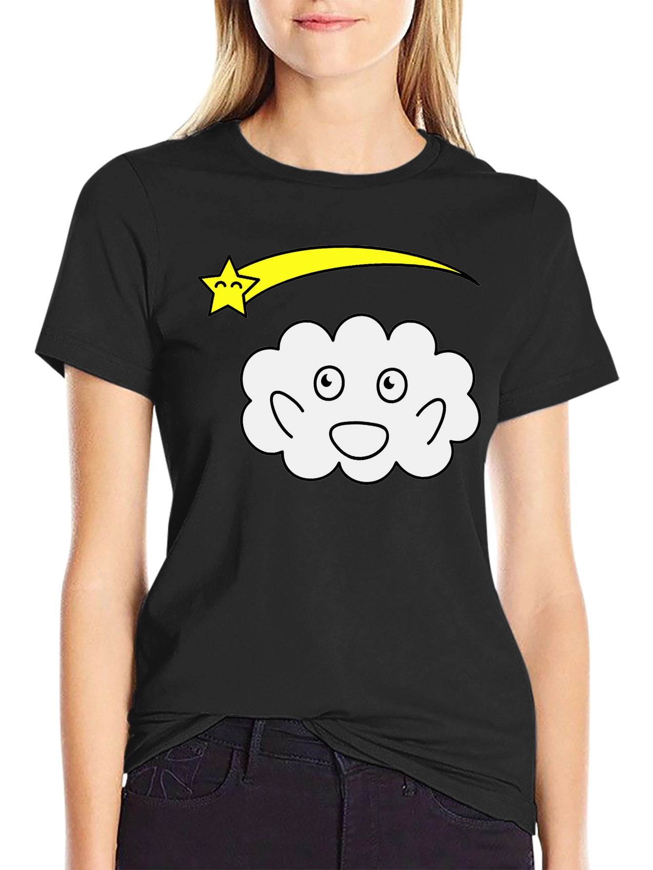 Black Cartoon Cloud & Star Black T-Shirt view 2