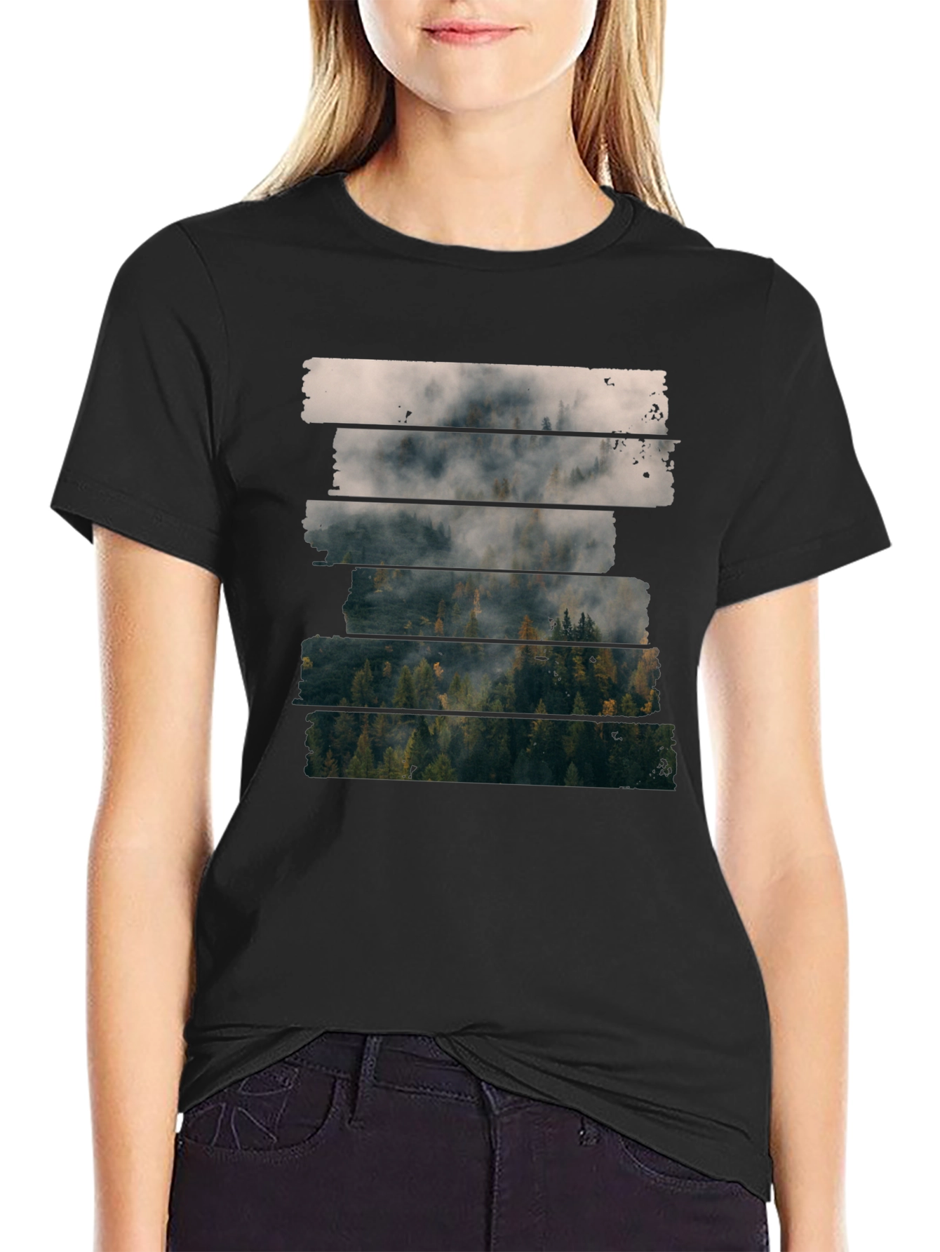 Black Foggy Forest T-Shirt - Nature Inspired Tee view 2