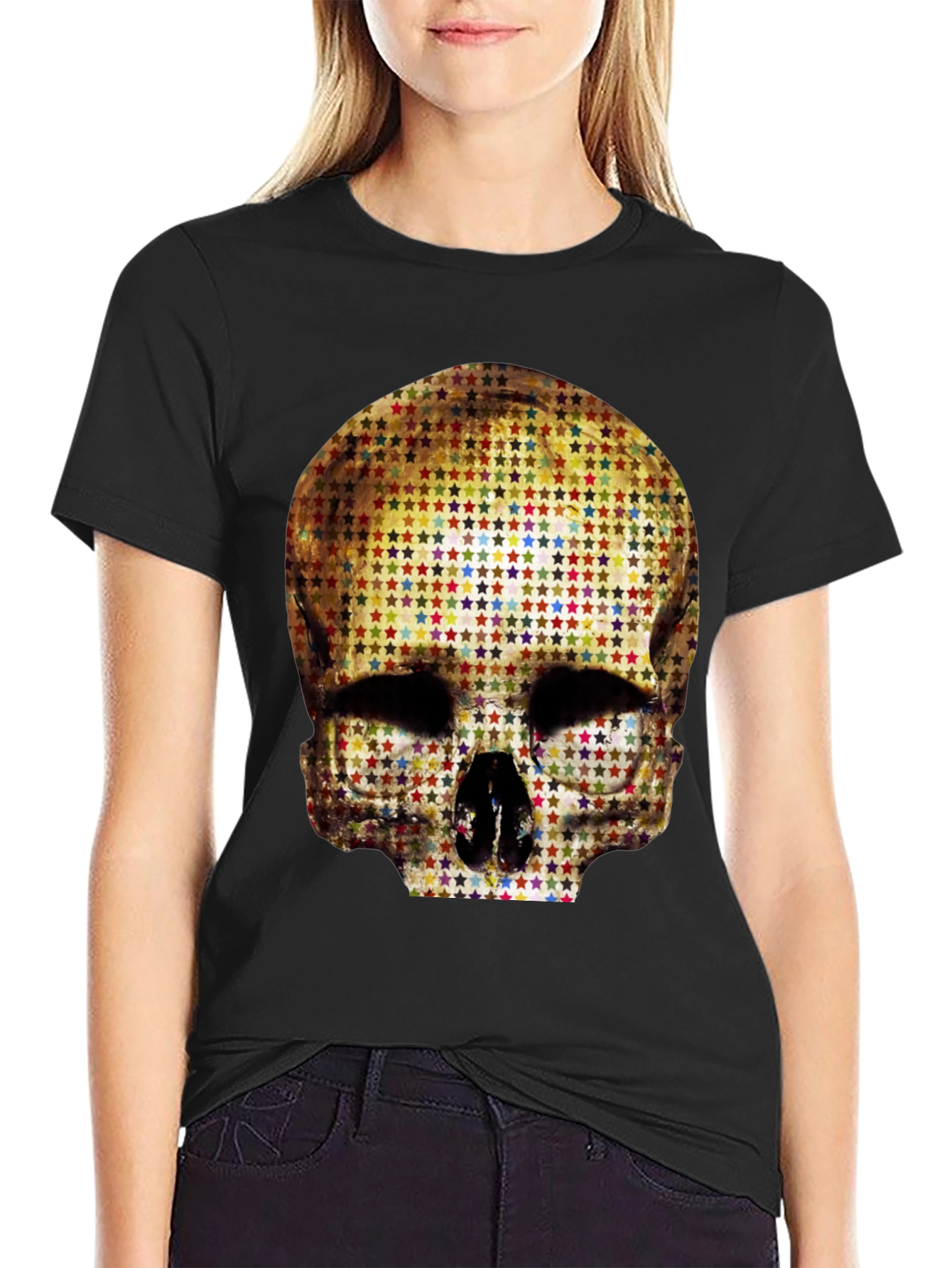 Black Skull Star Pattern Graphic Tee - Black view 2