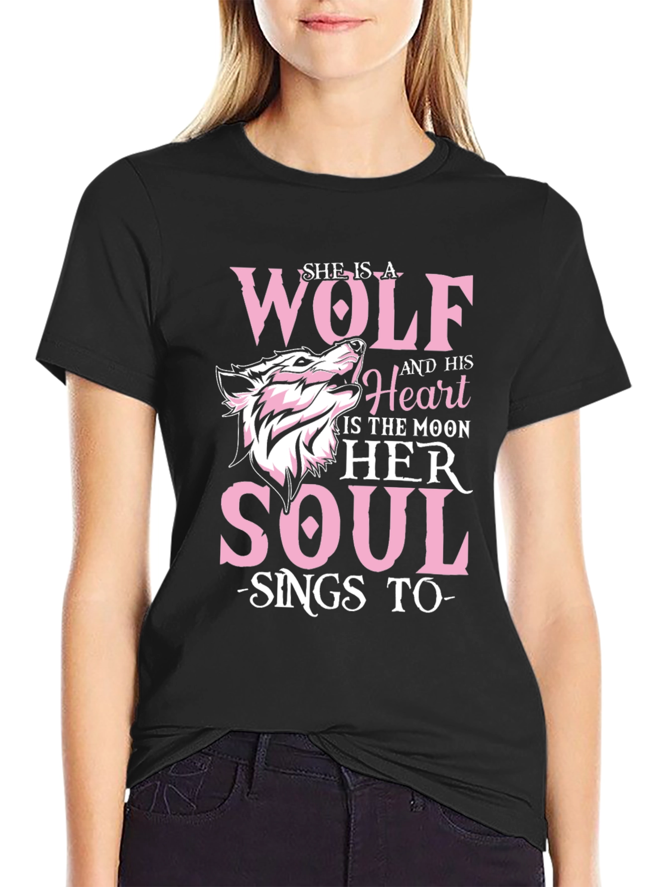 Black She is a Wolf T-Shirt - Moon Soul Design view 2